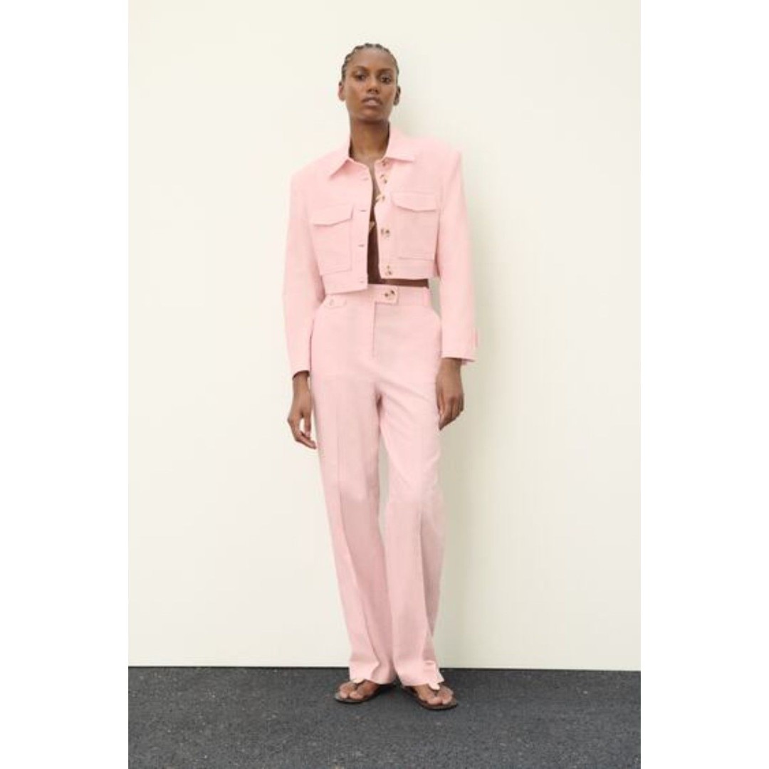 Pink Zara Linen Blend Flat Front Straight Leg Trousers Pants (NWT)
