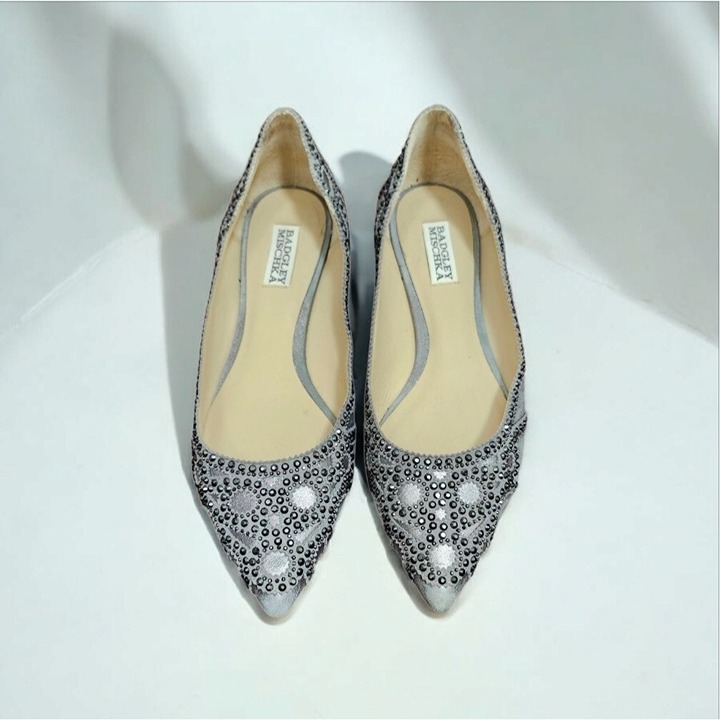 Badgley Mischka Gunmetal Gigi Crystal Platinum Pointed Toe Ballet Flats Shoes 9