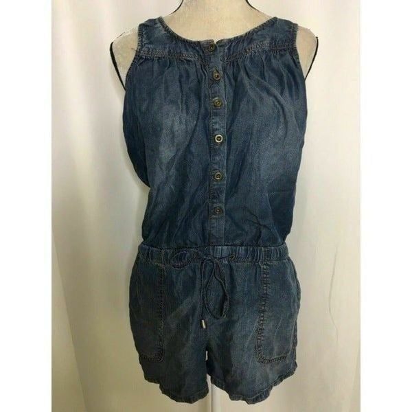 Tractr Womens Solid Blue Denim Jean Print Tank Top Romper Jumpsuit Xs