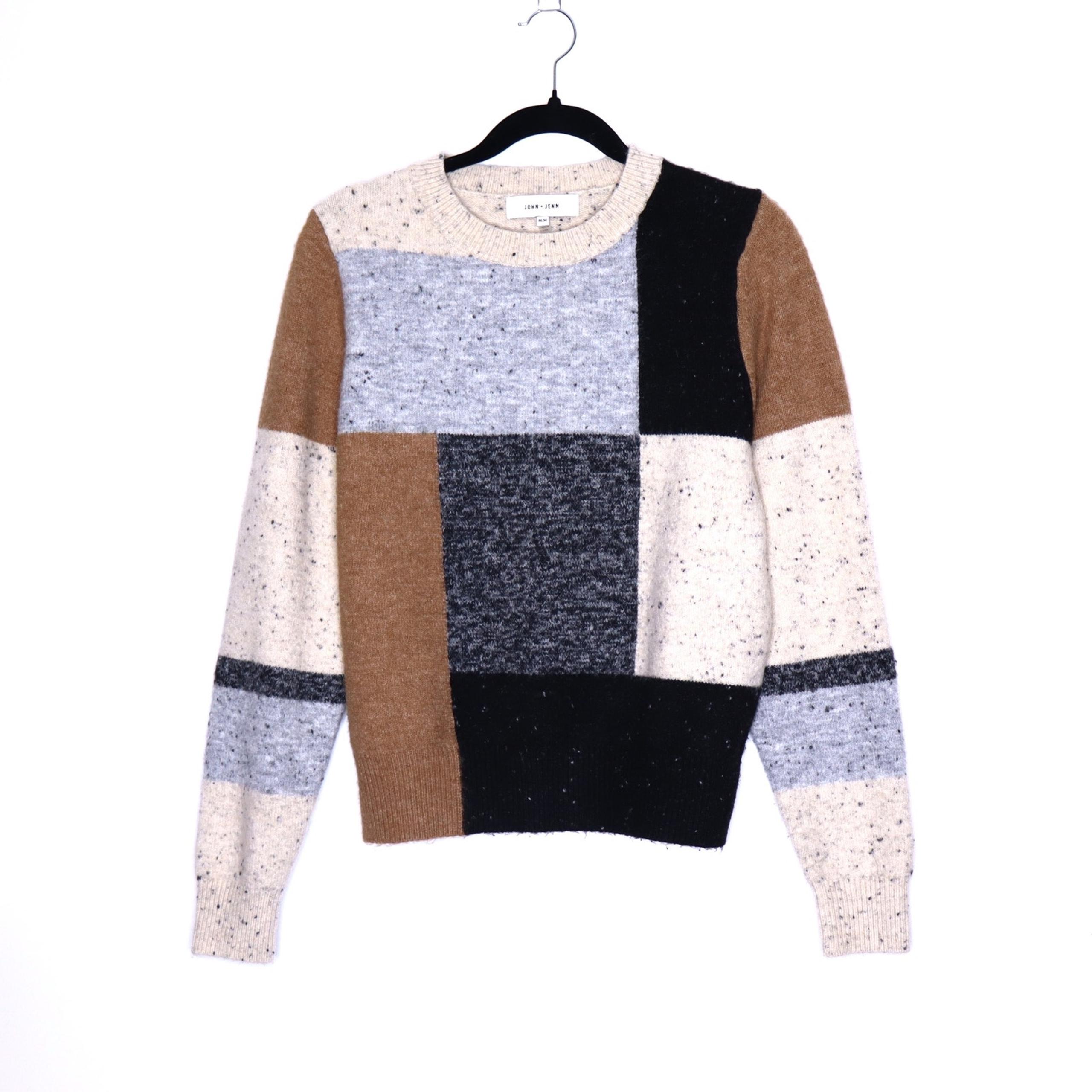 JOHN & JENN Speckled Colorblock Sweater Beige Knit Crewneck Casual Women's M