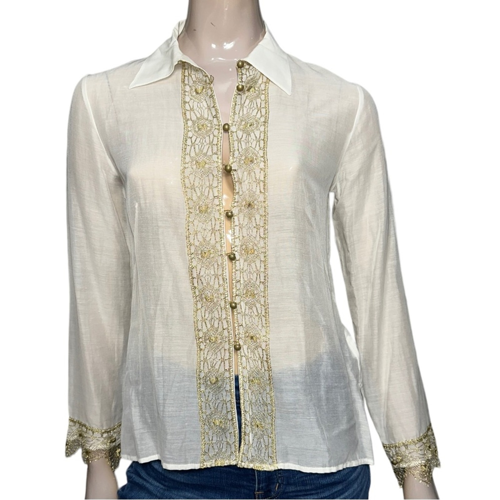 D. Exterior Womens S Ivory Cream Cotton Silk Blend Semi Sheer Button Front Shirt