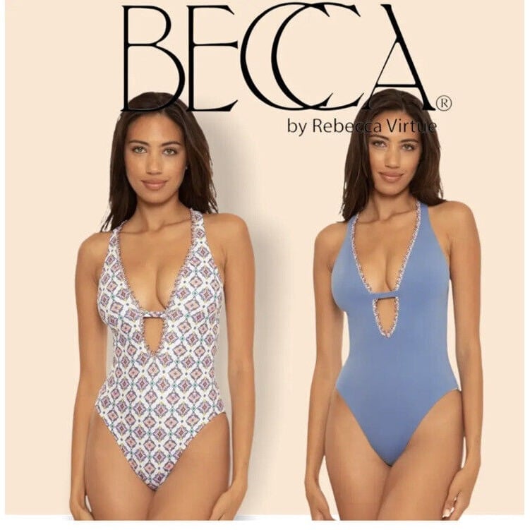 Becca Reversible Skylar Plunge One Piece Swimsuit White Blue Small New