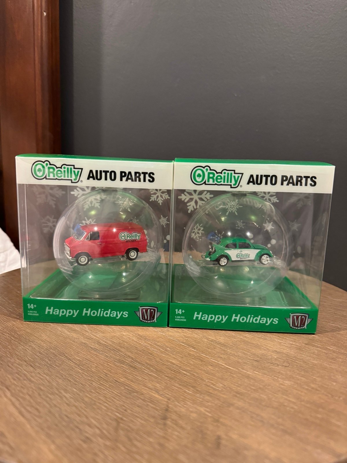 M2 Machines O'Reilly's LIMITED Christmas Ornaments Chevrolet Van and VW Beetle