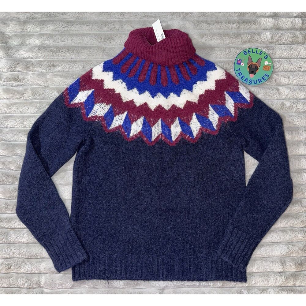 J CREW Womens XXS Fair Isle Blue Red Turtleneck WOOL ALPACA Sweater - 328 NWT