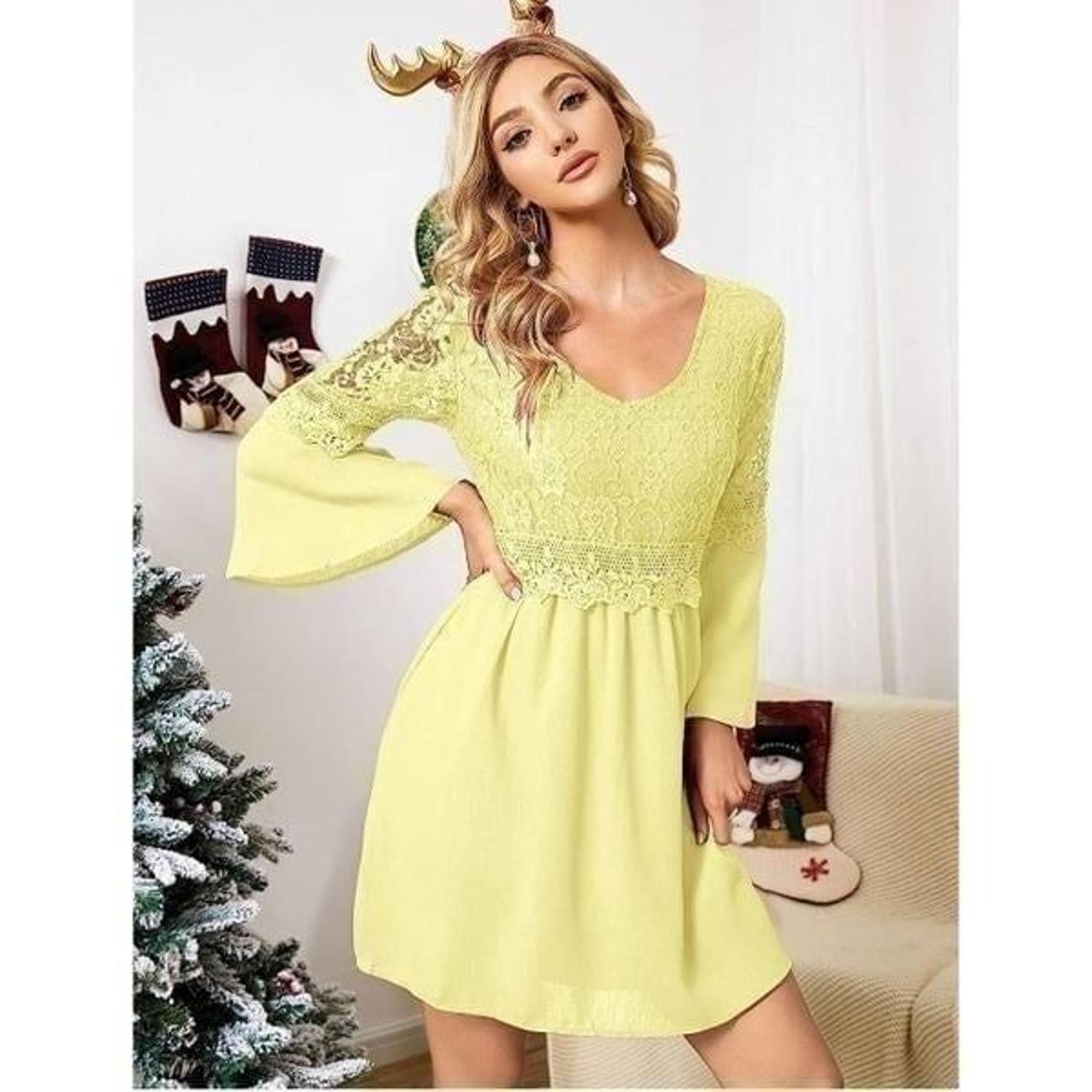 NEW Vintage Floral Lace V Neck 3/4 Bell Sleeve A-line Swing Dress 12
