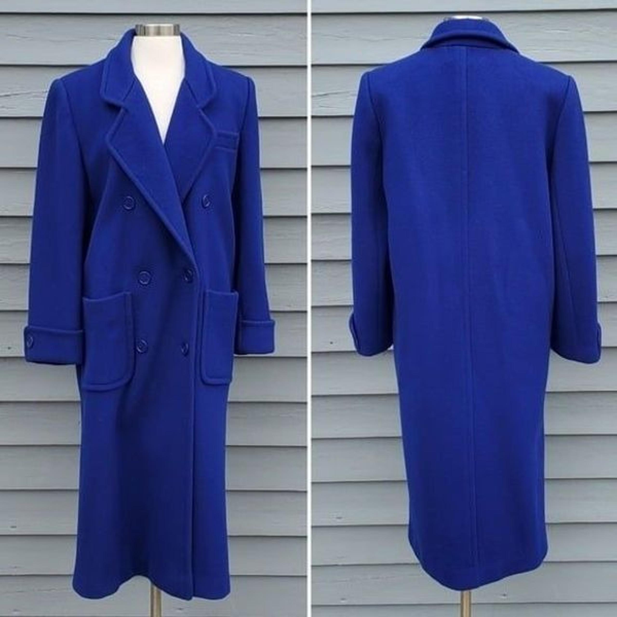 Vintage 80s Preppy Acadamia Royal Blue Virgin Wool Double Breasted Trench Coat 8