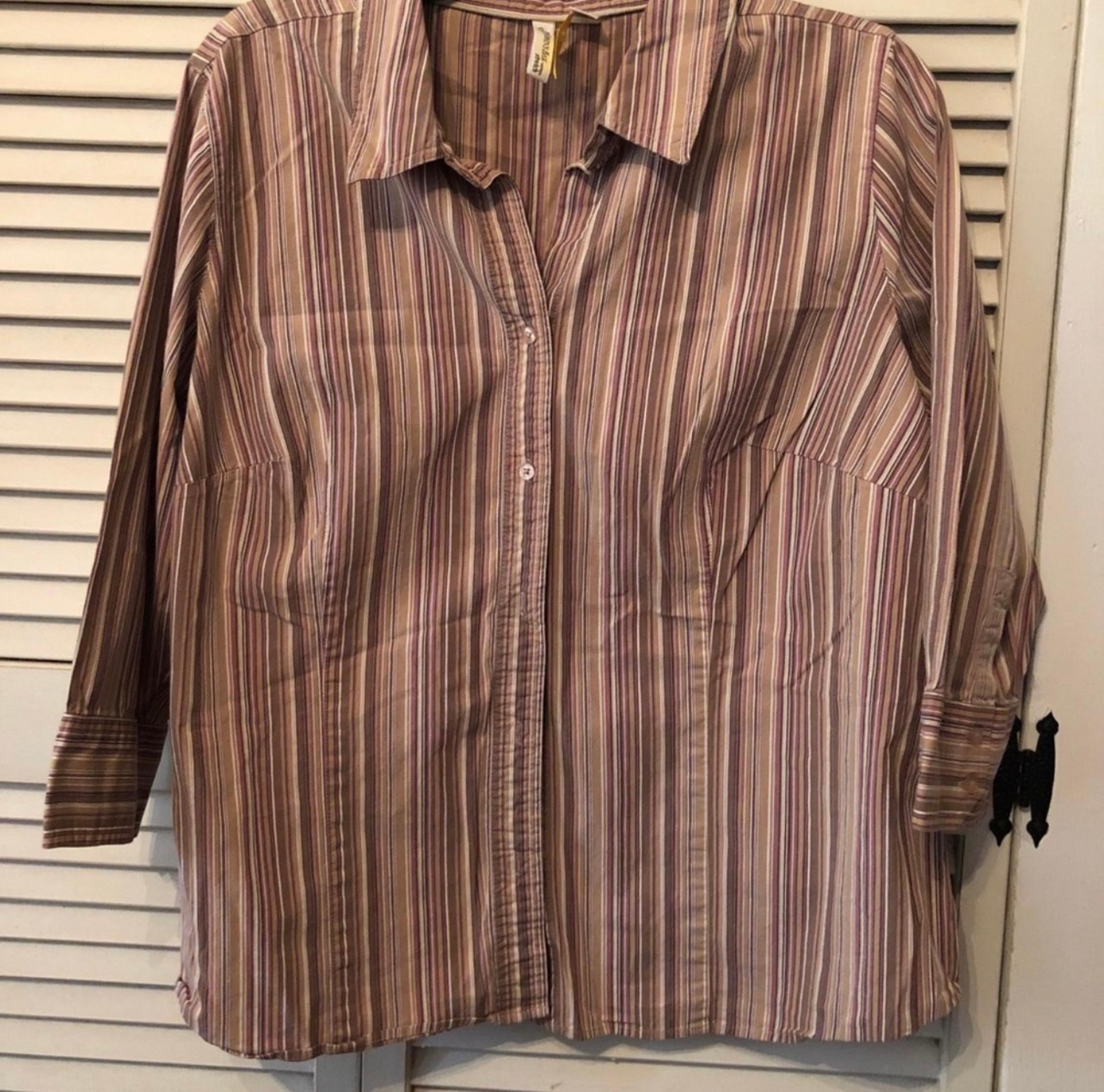 ST. JOHN Stretch Multi Colored Pin Striped 3/4 Sleeve Button Front Shirt-1X