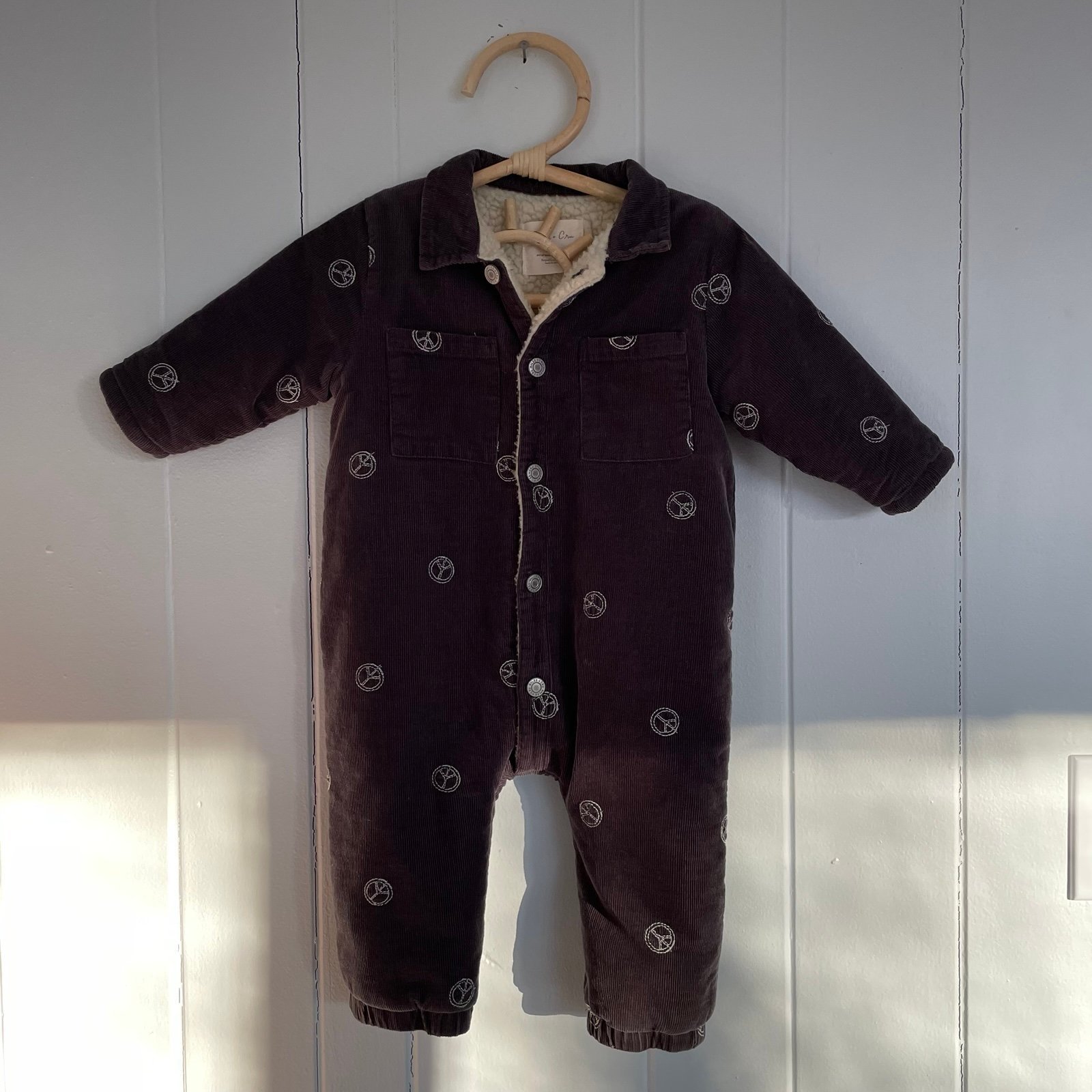 Rylee + Cru Sherpa Embroidered Peace Sign Corduroy Charcoal Gray Snowsuit 6-12M