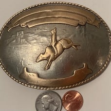 Vintage Metal Belt Buckle, German Silver and Brass, Comstock Silversmiths, Bull