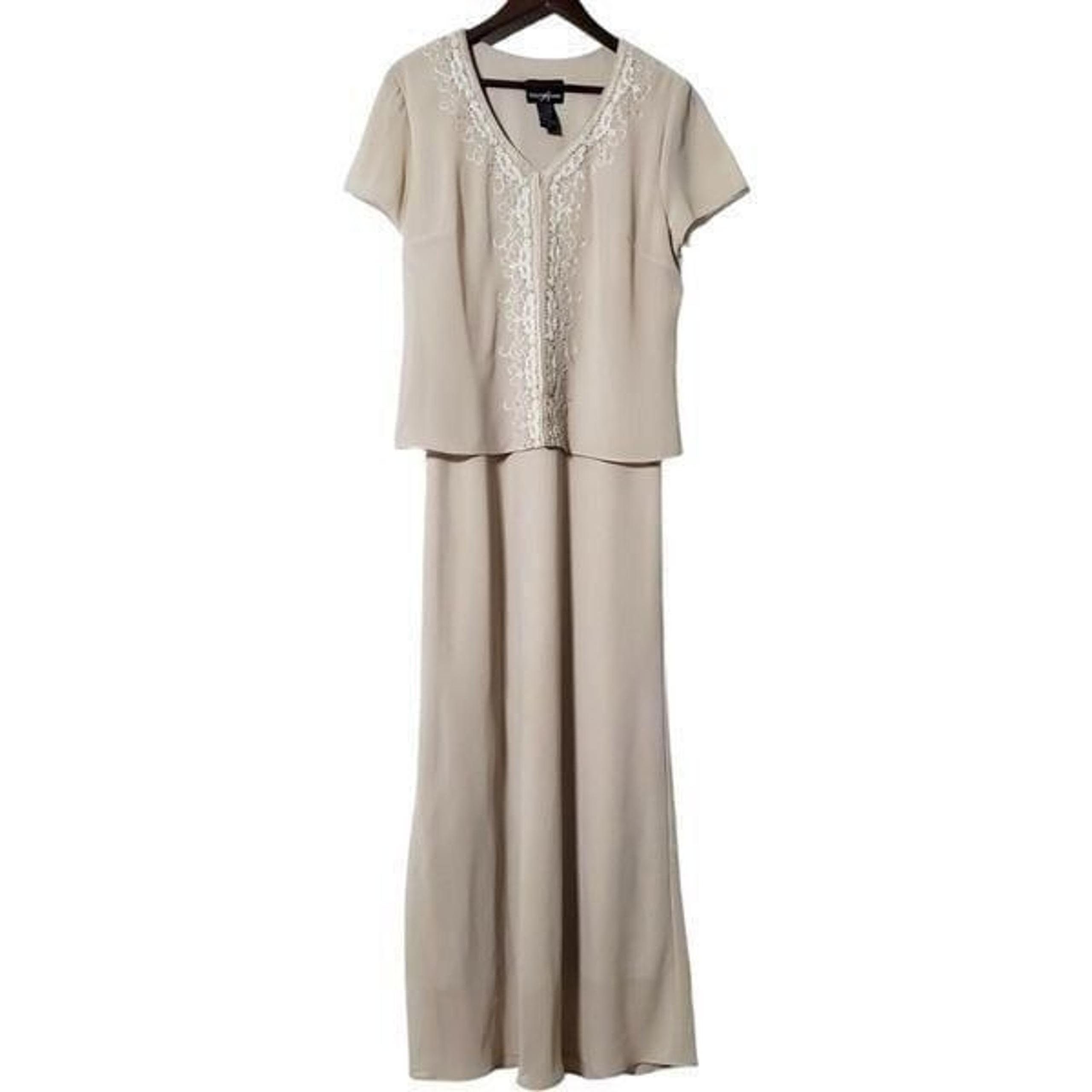VTG Positive Attitude Beige Dress Size 14 Short Sleeve Beaded Maxi Modest Womens
