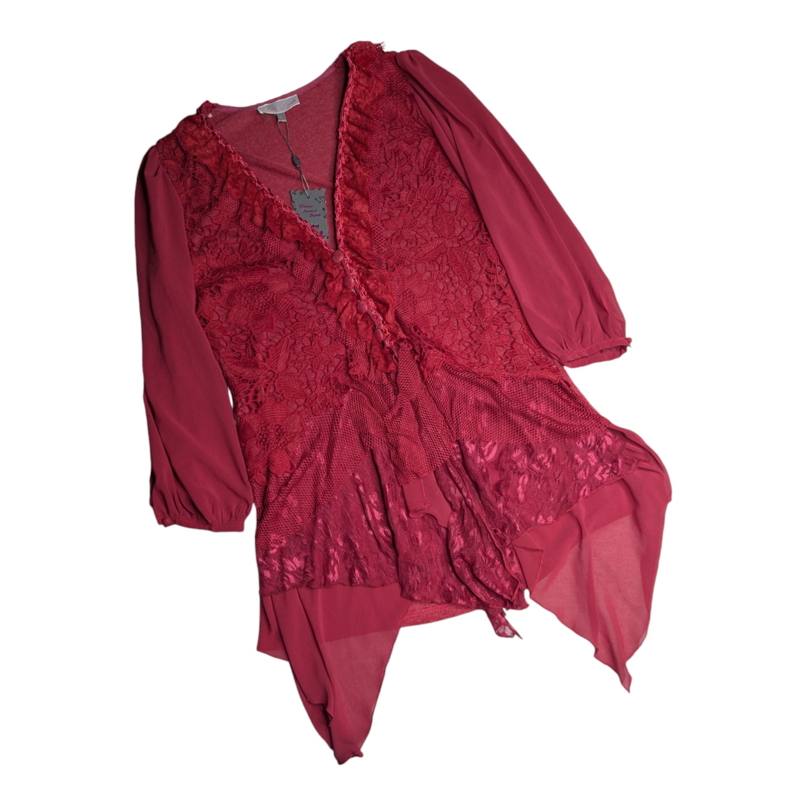 Pretty Angel Burgundy Red Linen Blend Lace Chiffon Asymmetrical Hem Tunic L NWT