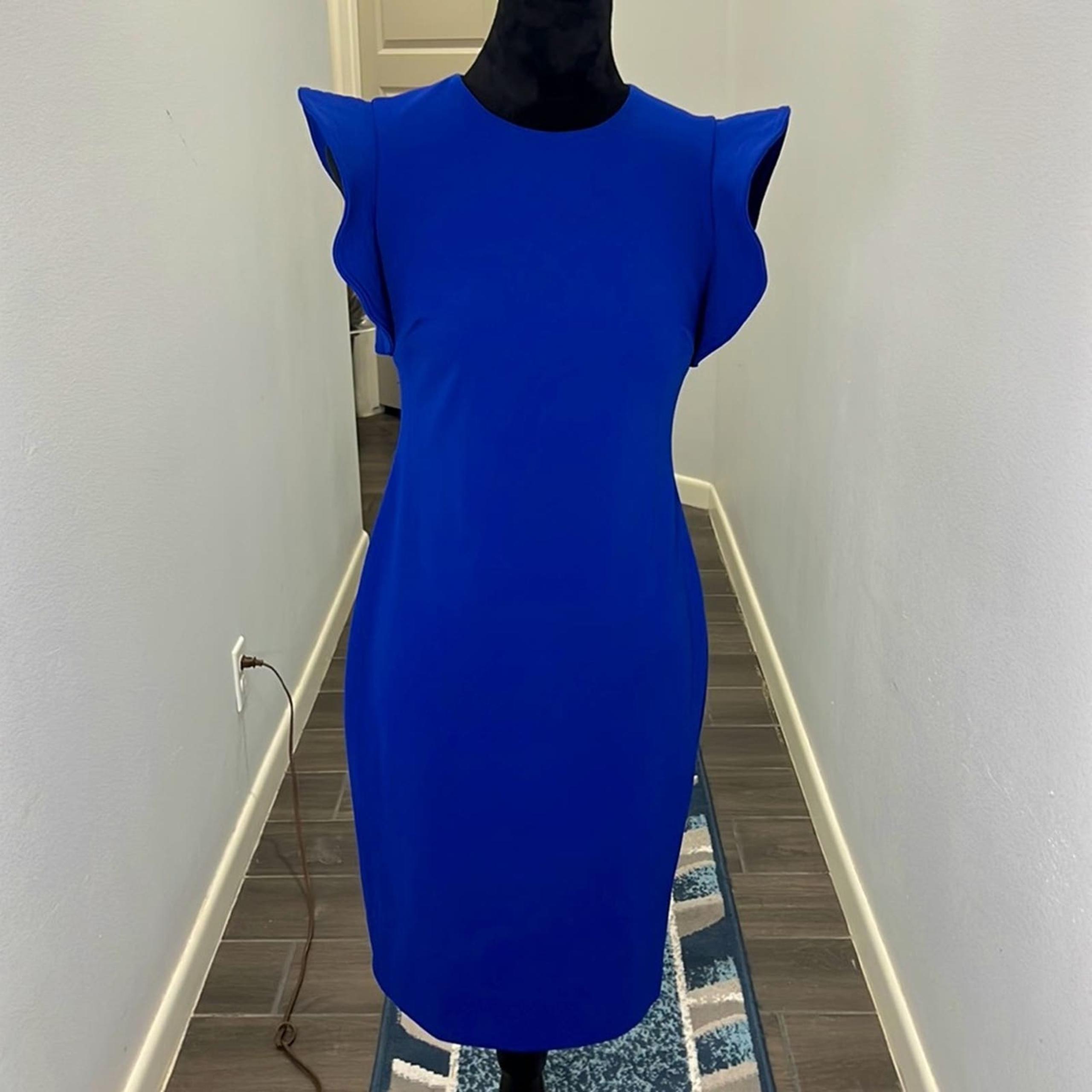 Calvin Klein Royal Blue Ruffled Cap Sleeve Fitted Dress Sz4 NWOT