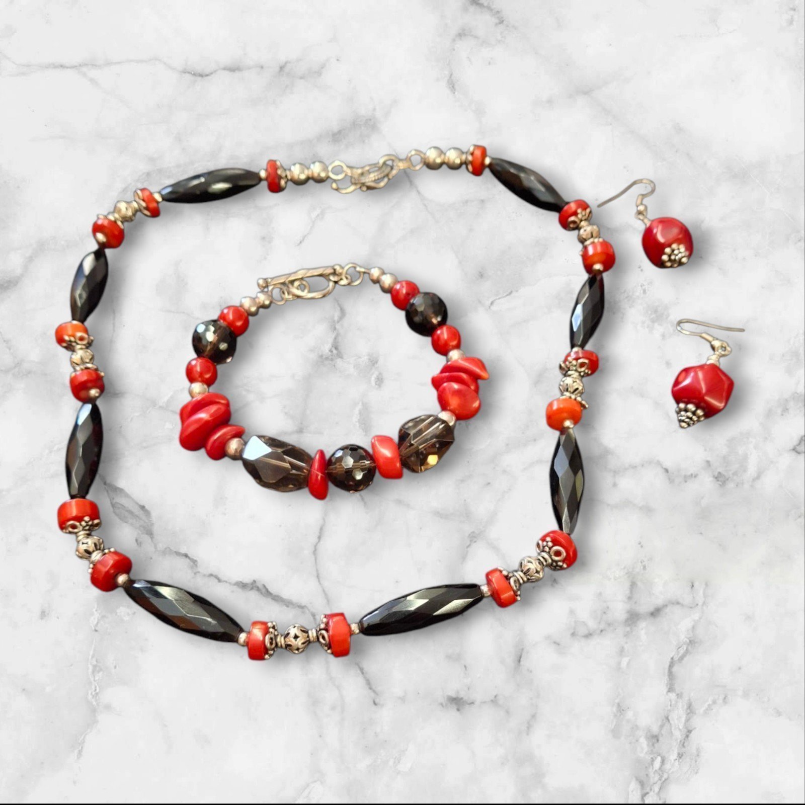 Smoky Quartz Set, 925 Sterling Silver, Red Coral Necklace, Bracelet, Earrings