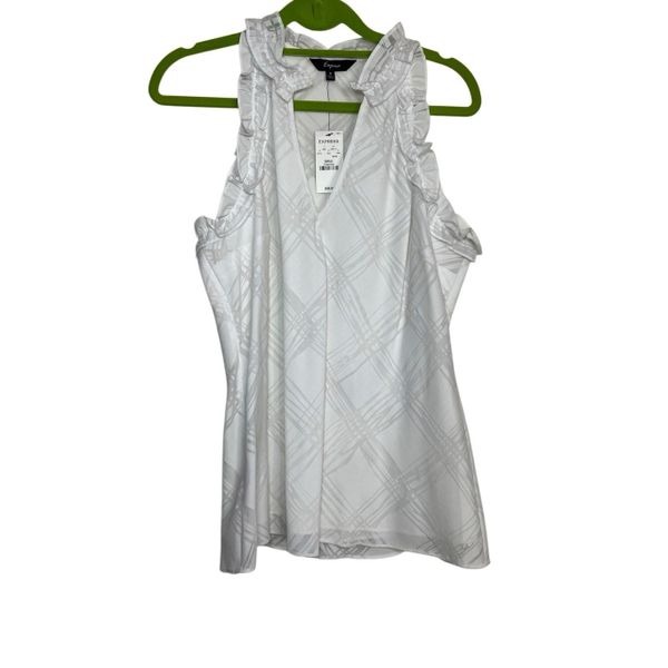 Express Blouse Top Womens Small White Jacquard Sleeveless Ruffle Trim Lined NWT