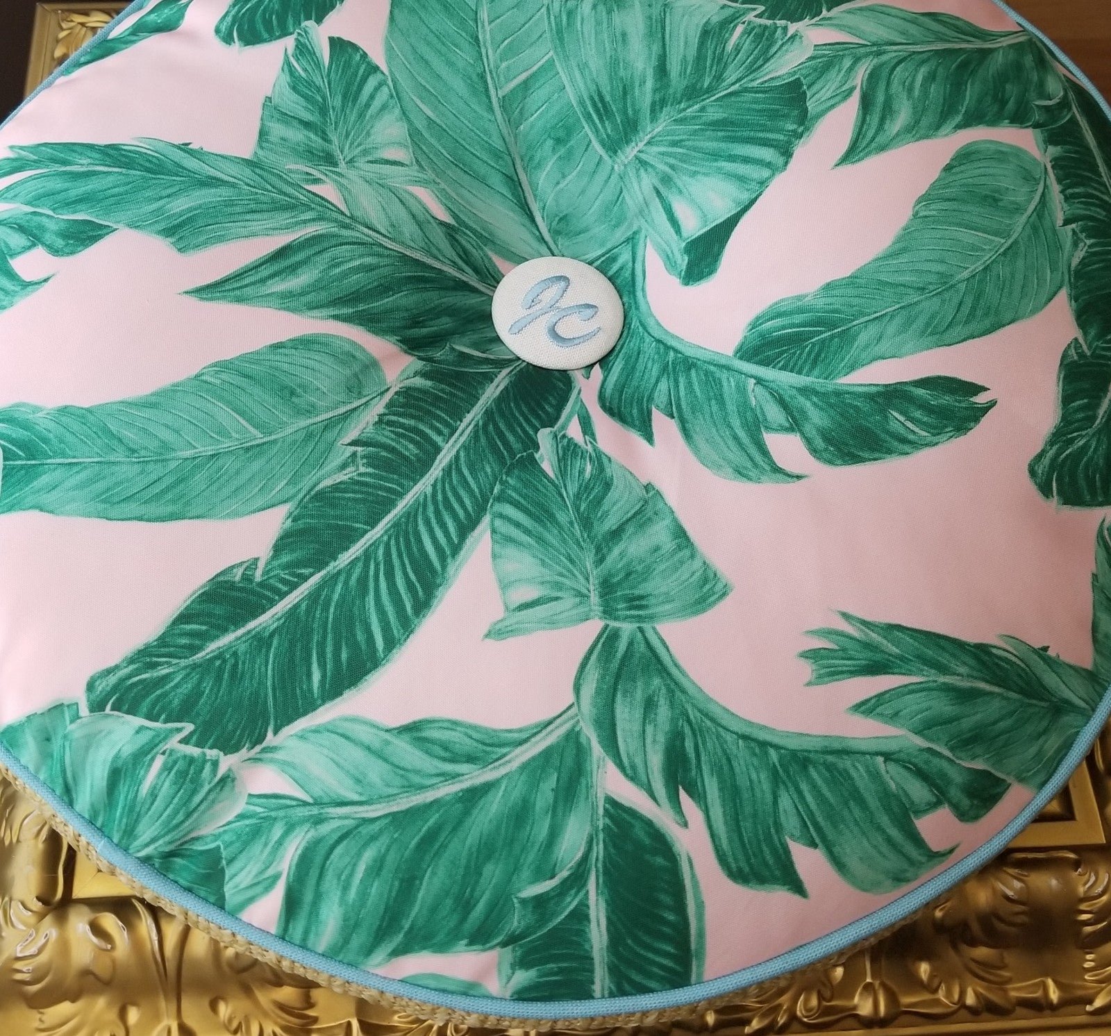 Juicy Couture Beverly Hills Hotel Style Pink and Green Palm Tree Round Pillow