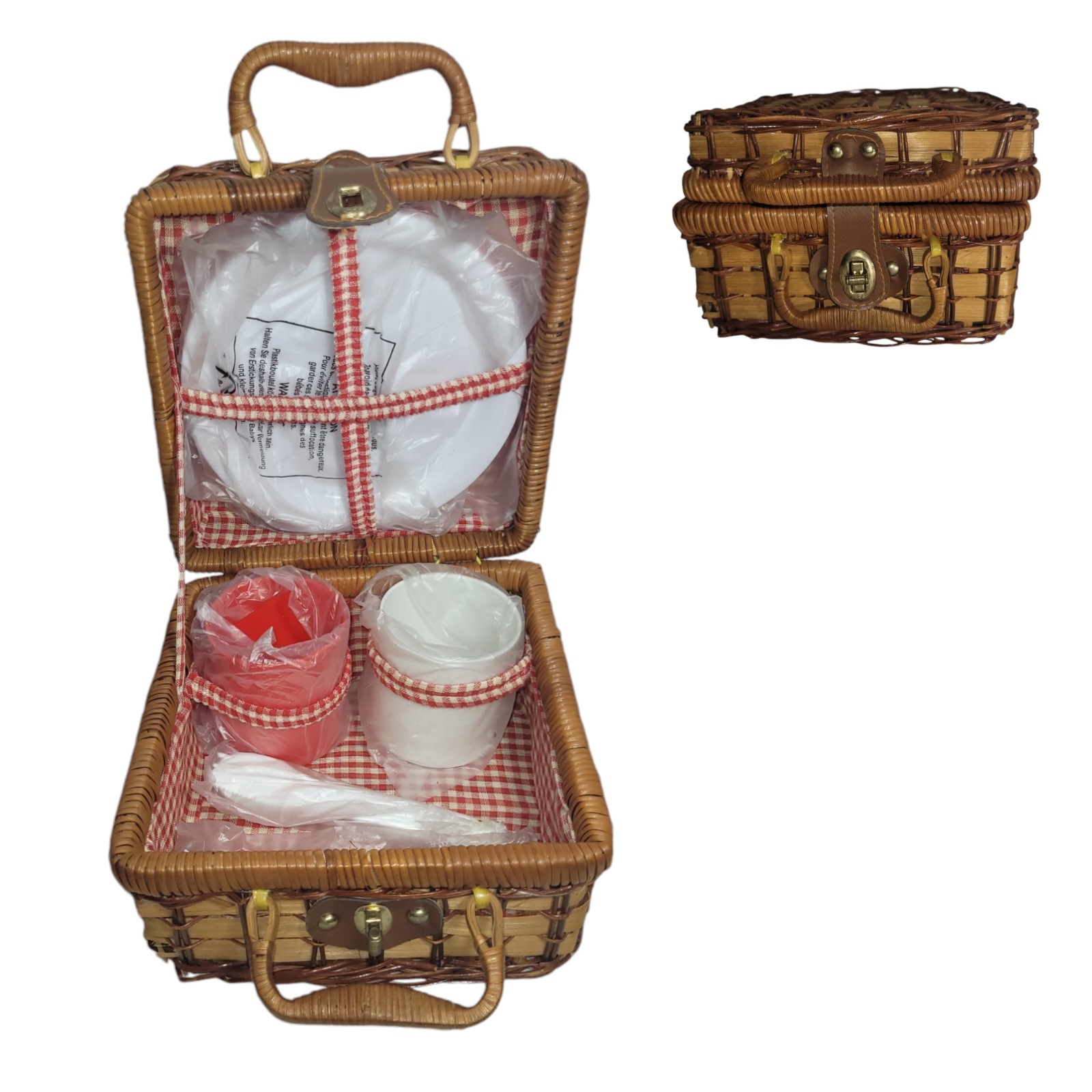 Vintage Wicker Small Picnic Basket Set For 2 Plates, Cups & More -New Read Below