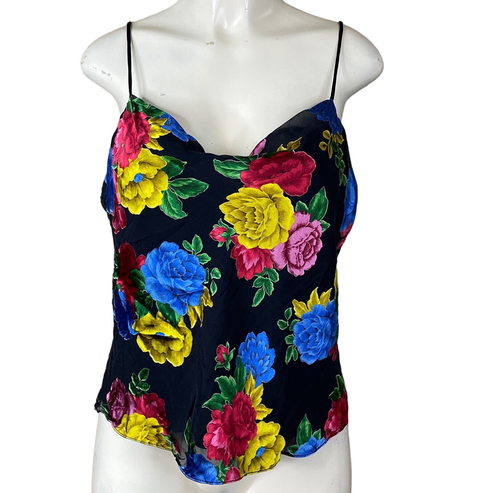 Alice + Olivia Harmon Drapey Silk Tank Top Camellia Bouquet Black Floral Large