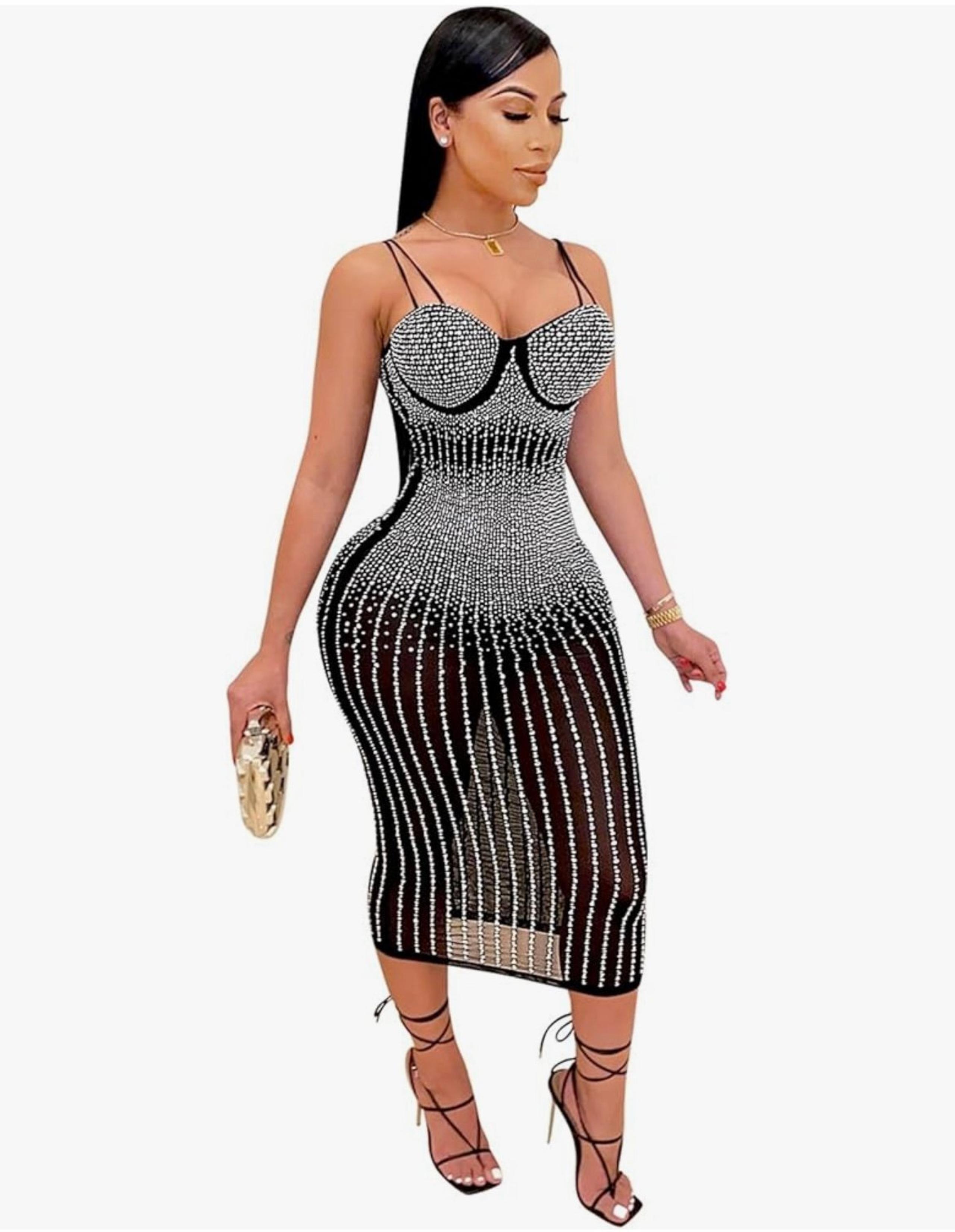 Black Evening Bodycon Rhinestone Dress Size S