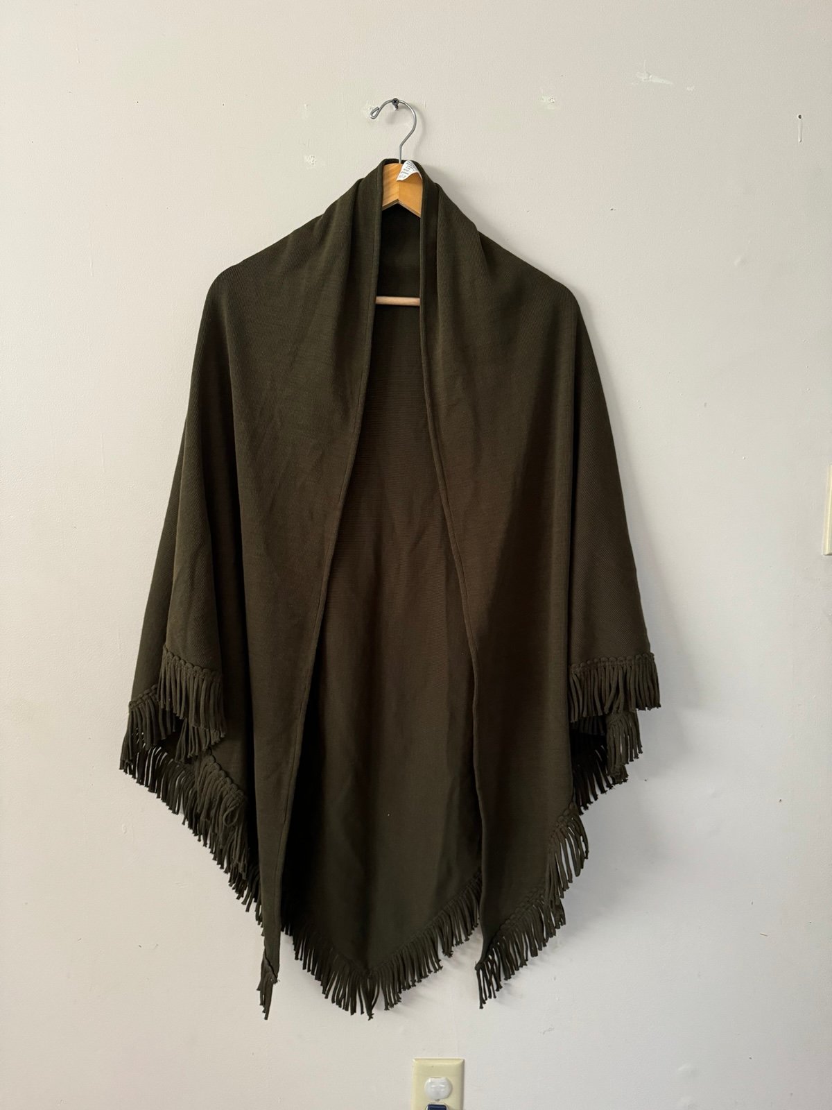 (one size) western boho dark olive green fringe cape poncho wrap sweater shawl
