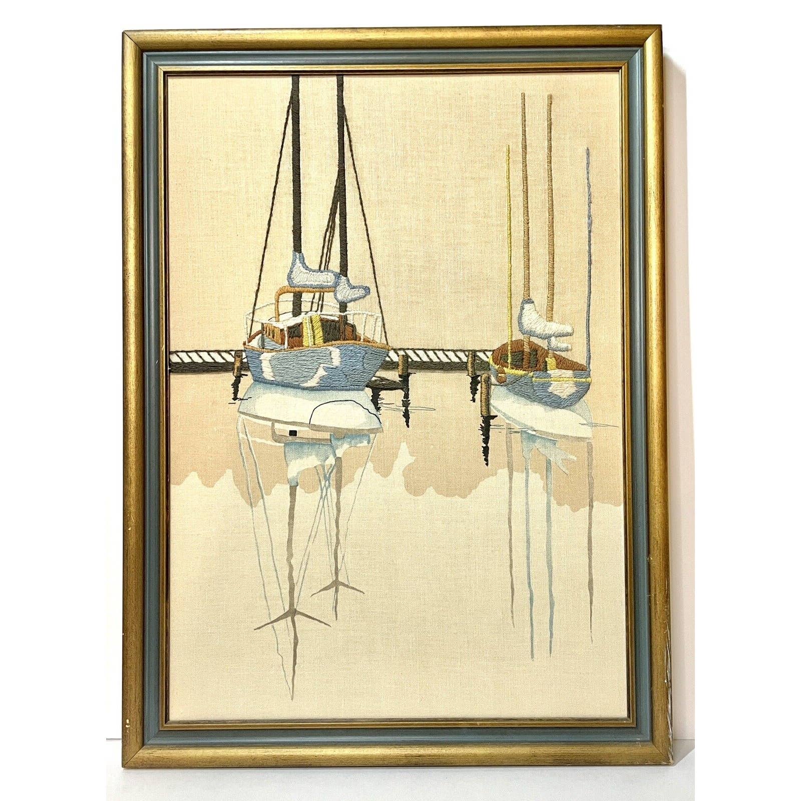 Vintage Sailboat Crewel Embroidery w/ Painted Water Reflection Framed 19.5x25.5”