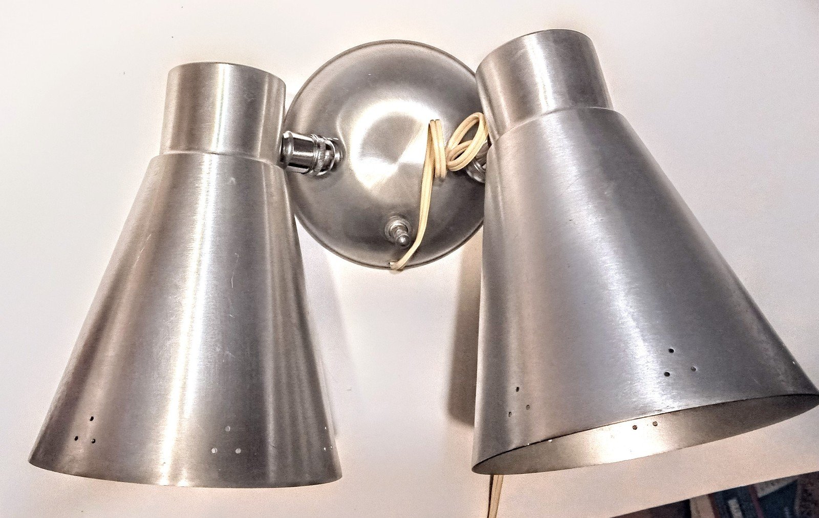 Authentic midcentury modern spun aluminum wall sconce reading lamps