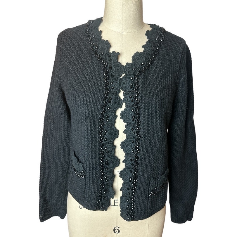 Faust Couture Black Classic Beaded Sweater Open Cardigan Women's Size M