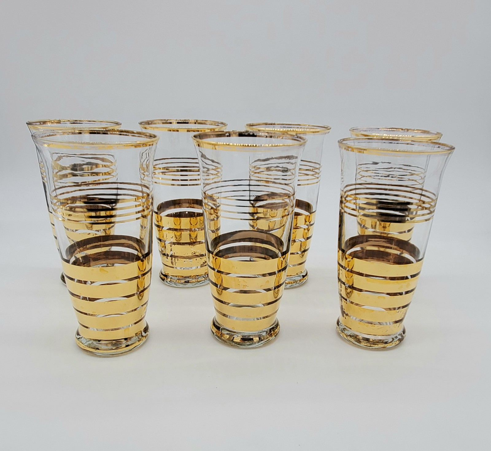 Set of 7 Mid Century Modern Clear Drinking Glasses With Gold Colored Stripes