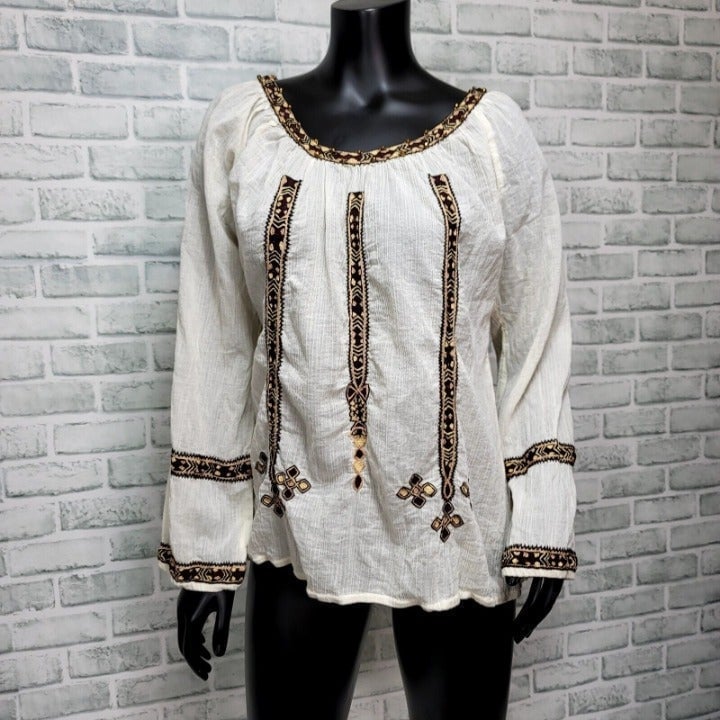 Joie Womens L Off White Gauzy Cotton Embroidered Boho Flowy Top Long Sleeve