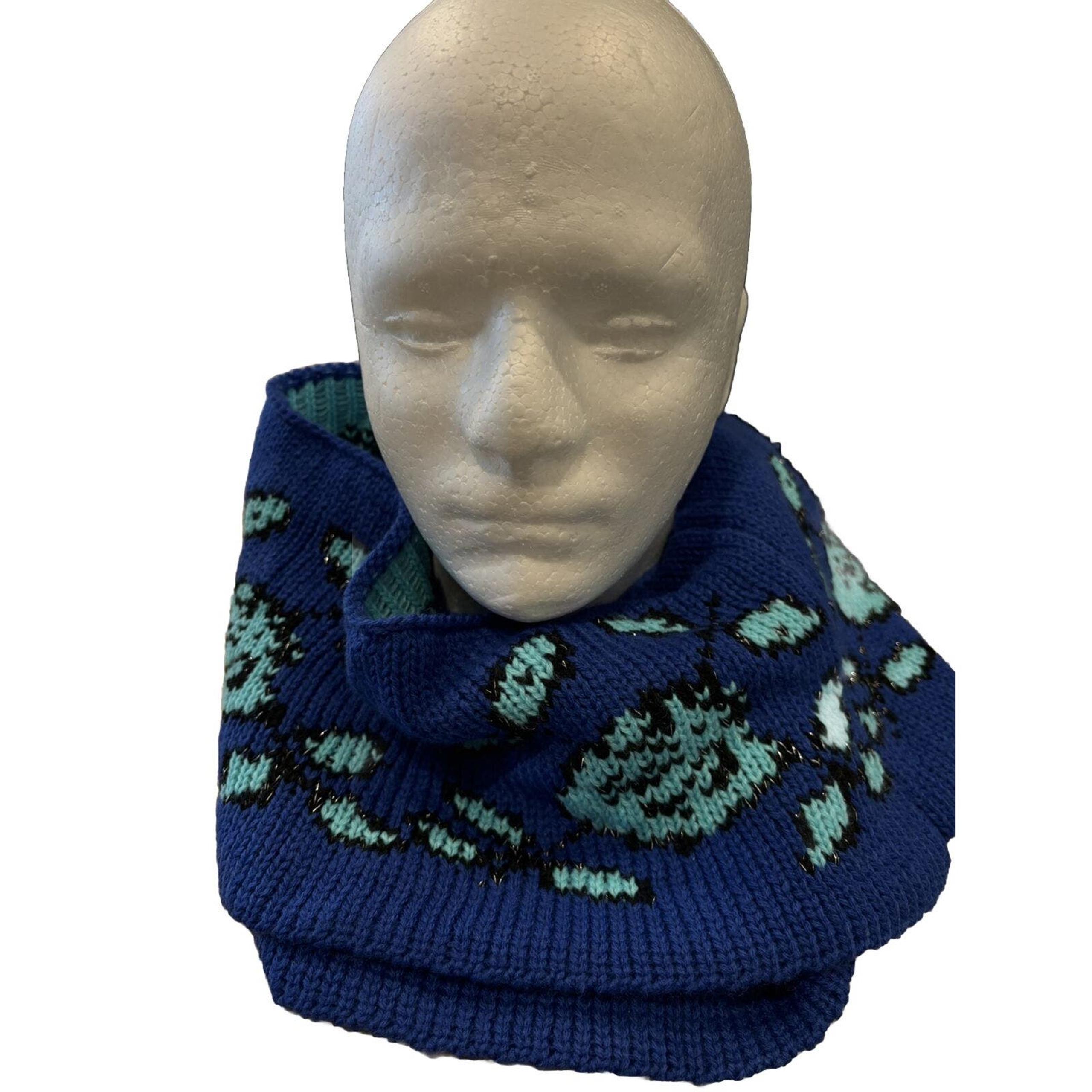Betsey Johnson "Vintage Rose" Pattern Royal Blue & Aqua Knit Infinity Scarf Y2K