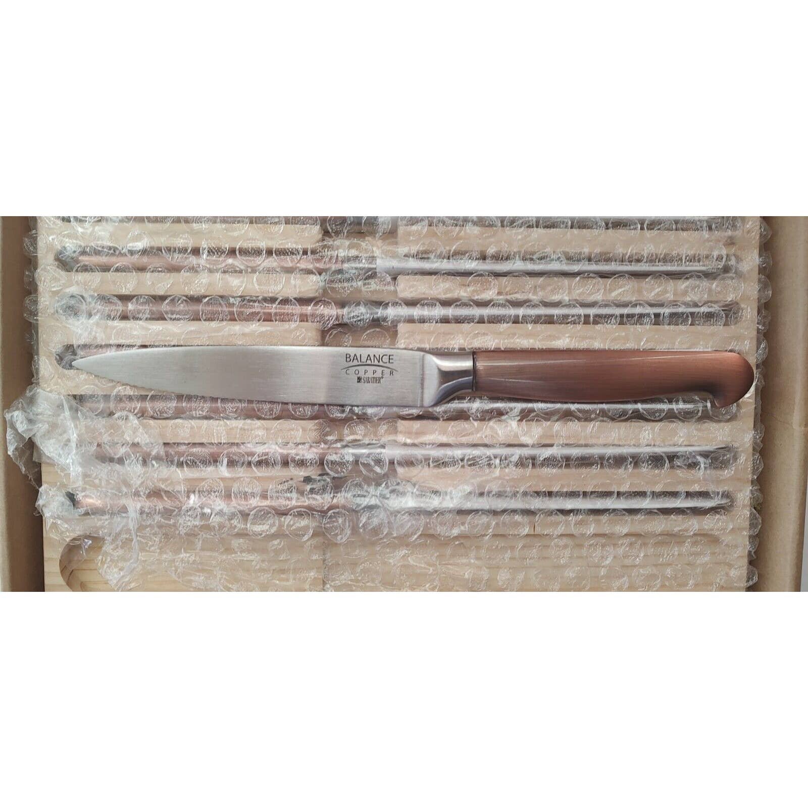 Rare Sabatier Copper Balance Steak Knife Set in Wood Storage Tray, Set of 8 A17