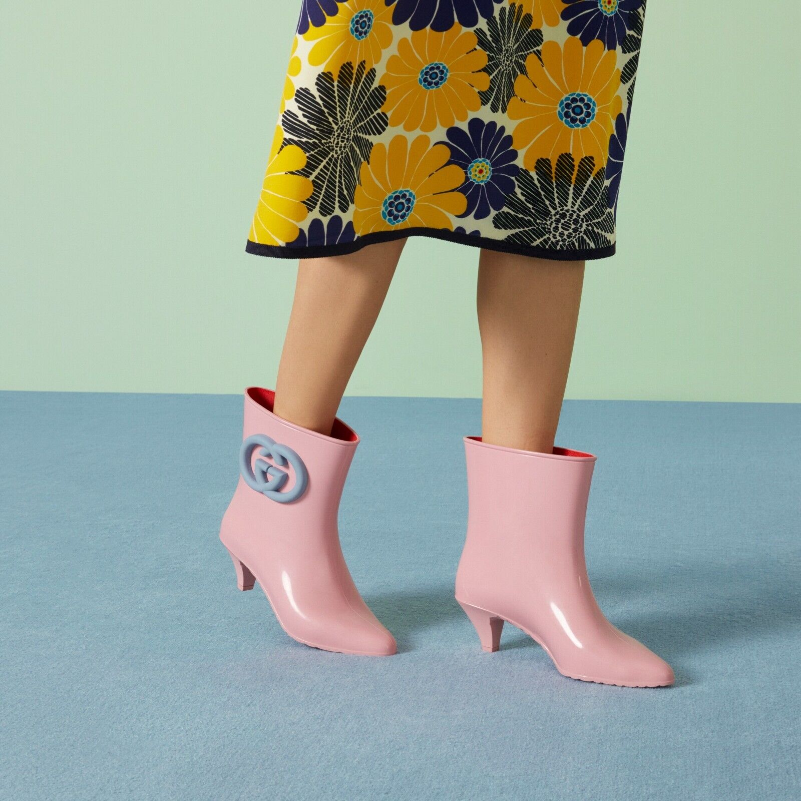 Gucci Interlocking G 37/ US 7 Ankle Rubber Boots Wild Rose Sweet Blue Matt NIB