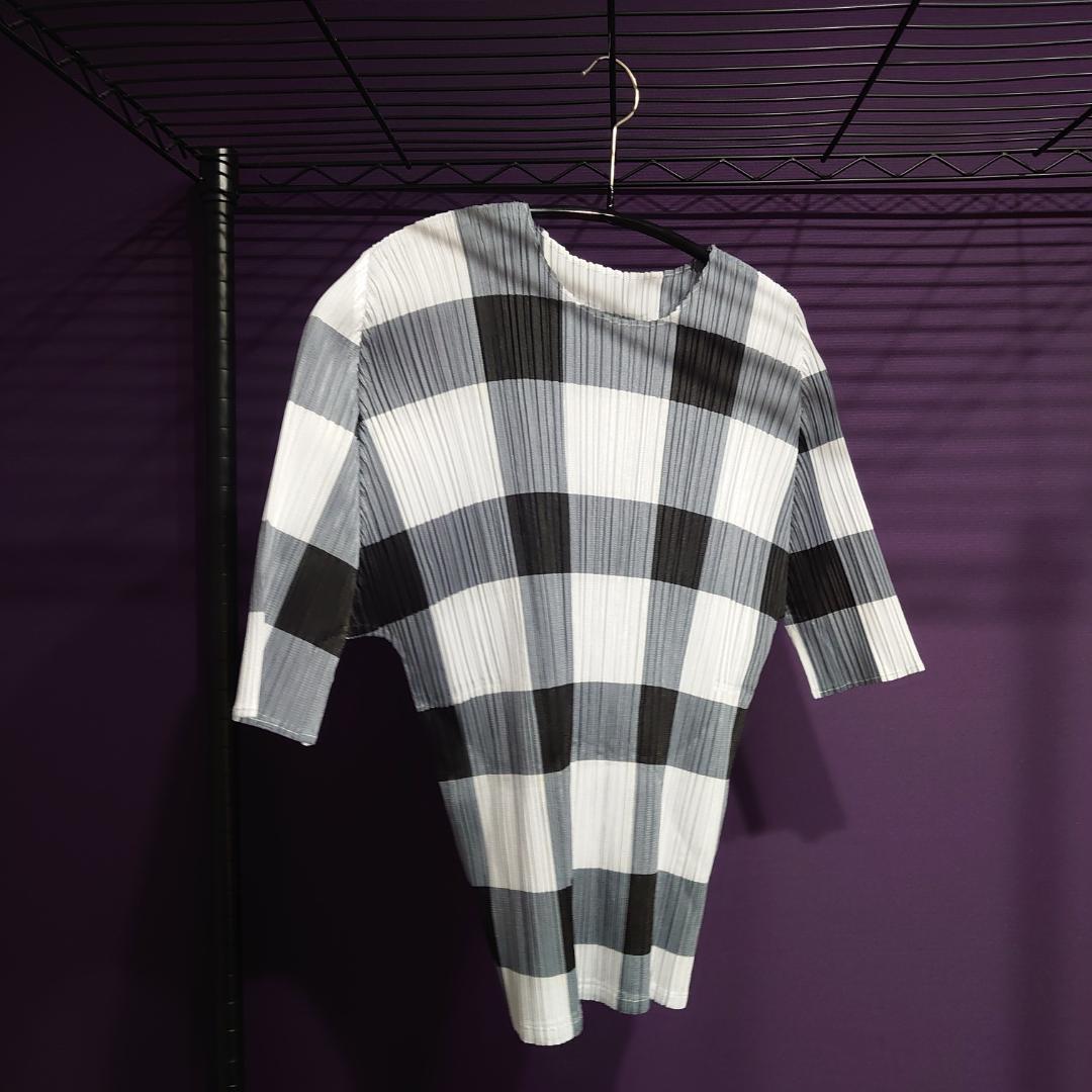 プリーツプリーズPLEATS PLEASE カラー切替チェック柄半袖シャツ