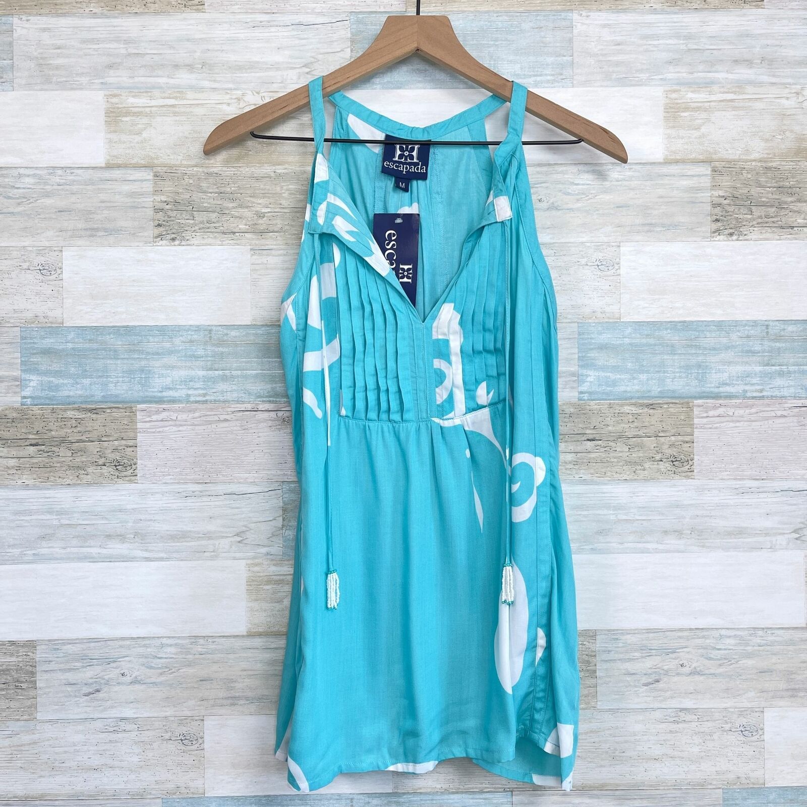 Escapada Leslei Beaded Tassel Top Blue White Swirl Pleated Casual Womens Medium