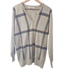 Pringle of Scotland Vintage 100% Lambswool V Neck Beige Plaid Sweater Men's Sz M