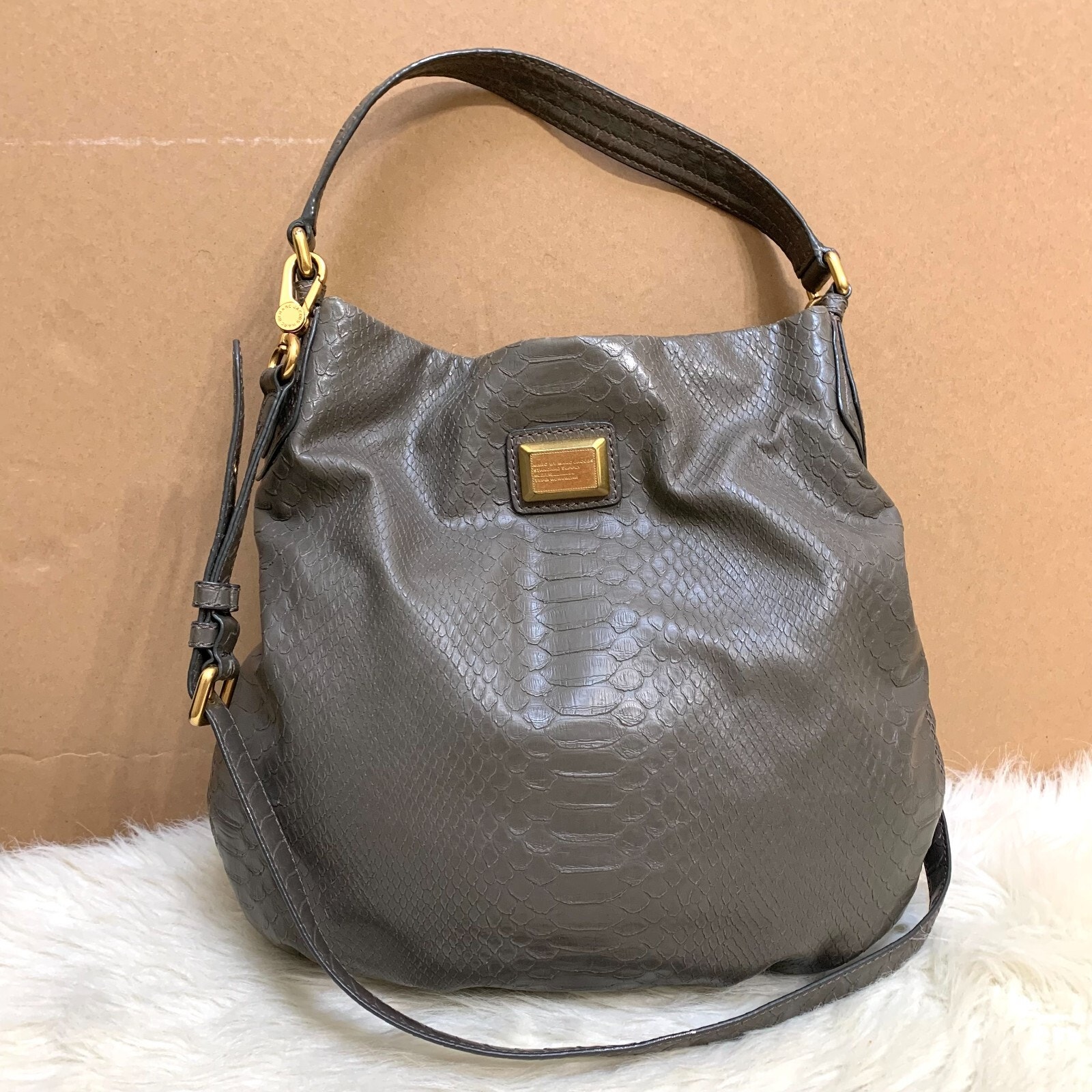 MARC JACOBS Large Grayish Army Green Vintage HILLIER Vegan Leather N/S Hobo