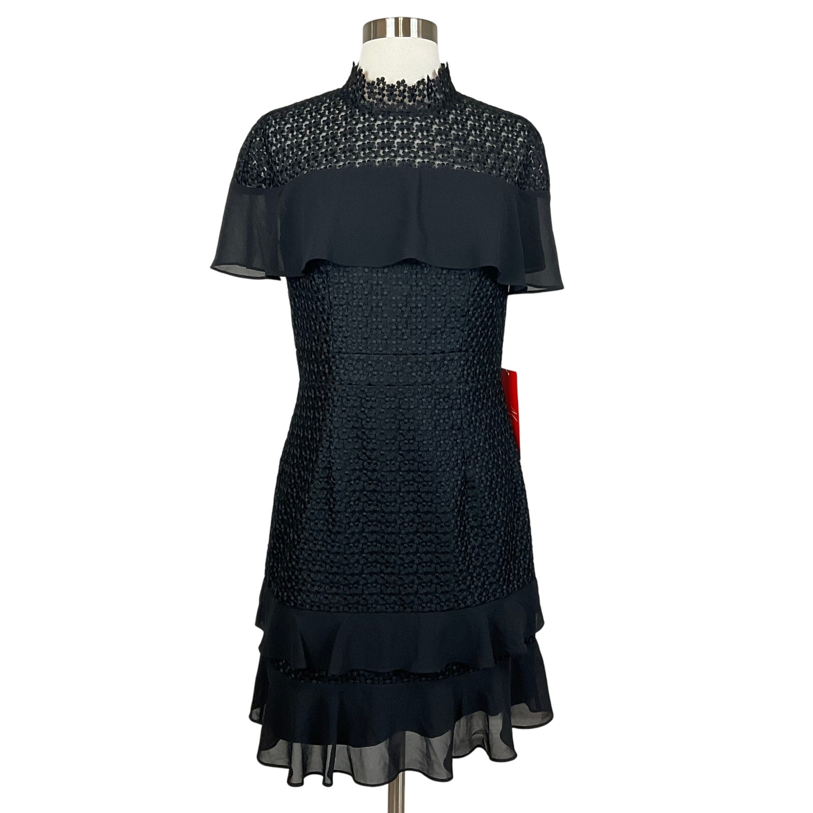 Monique Lhuillier Women's Cocktail Dress Size 8 Black Lace Ruffled Mini Sheath