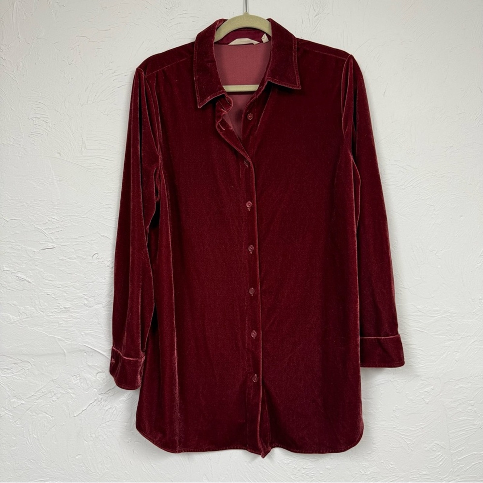Soft Surroundings Red Velvet Button Down Tunic Blouse Womens L Fall Boho Classic