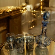 Vintage 1950s Blue Glass Silver Wrapped Filigree Decanter and Glass Set