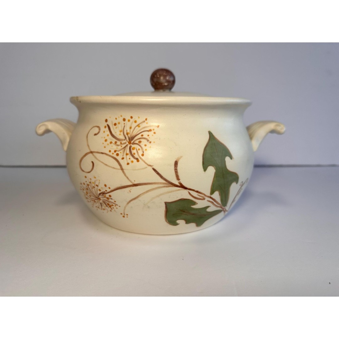 Handmade Hand Painted Ceramic Bean Pot Casserole with Dandelion Design - Signed