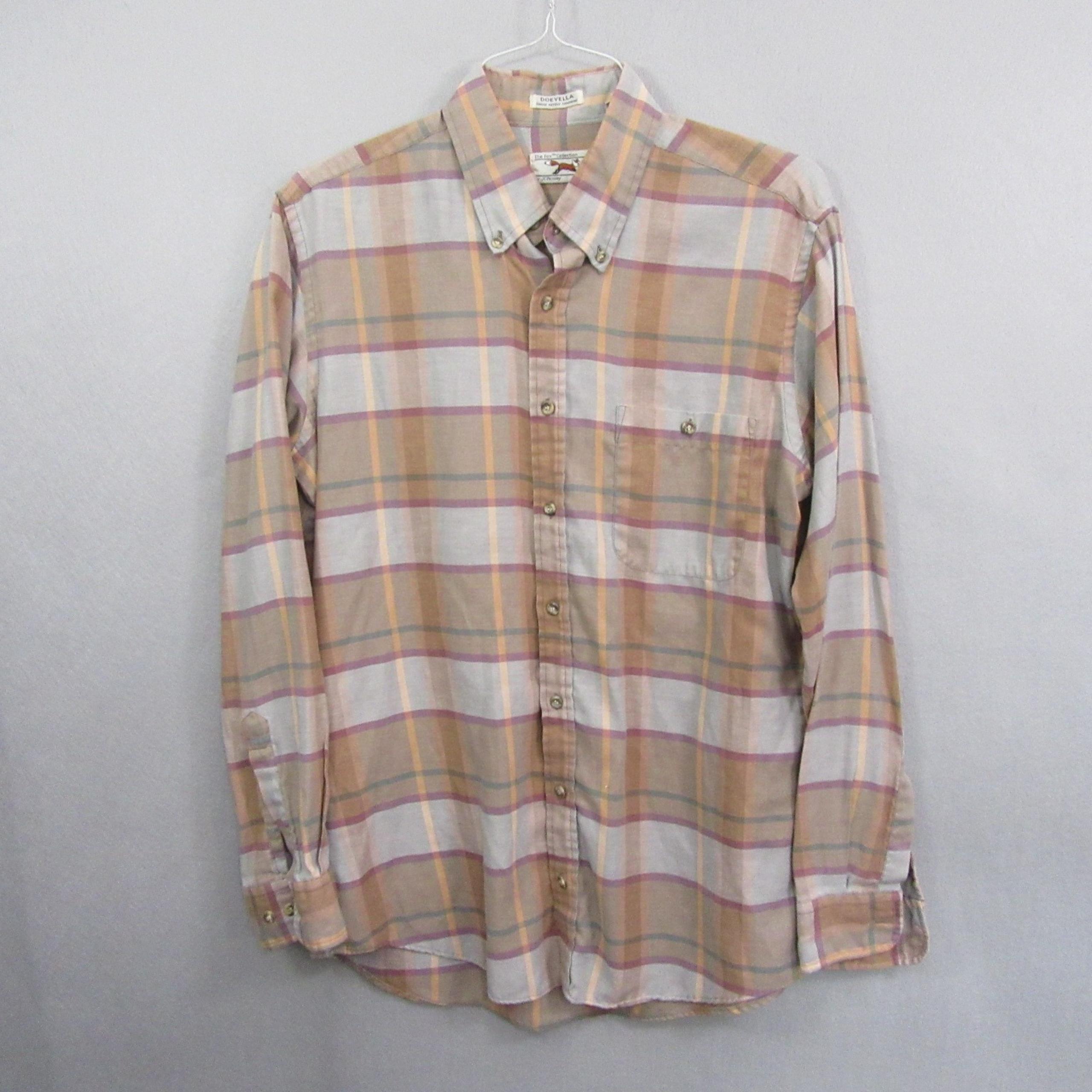 JCPenney Mens Button Down Shirt LT Brown Plaid Vintage Fox Collection