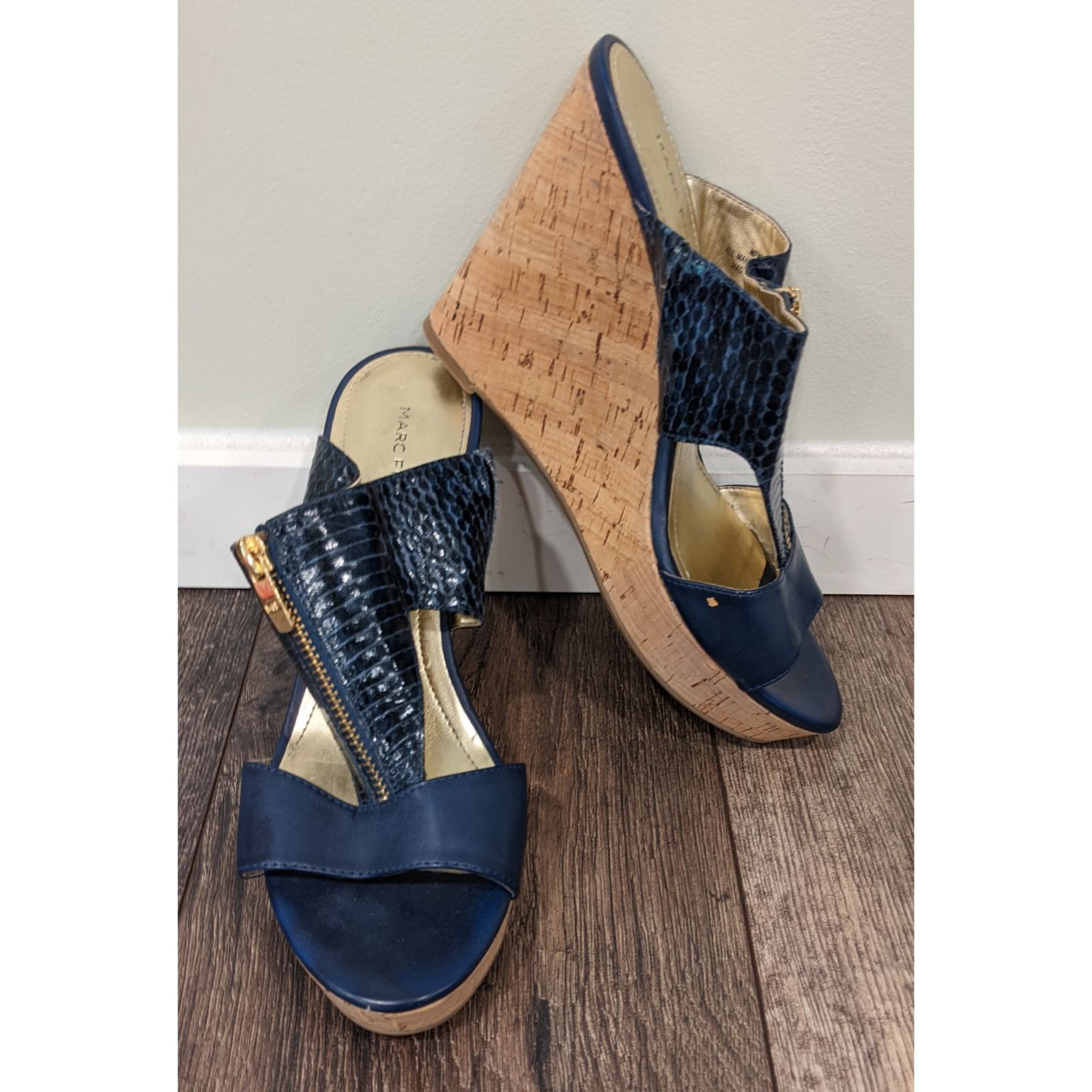 Marc Fisher Winner Blue Faux Crocodile Platform Wedge Sandals