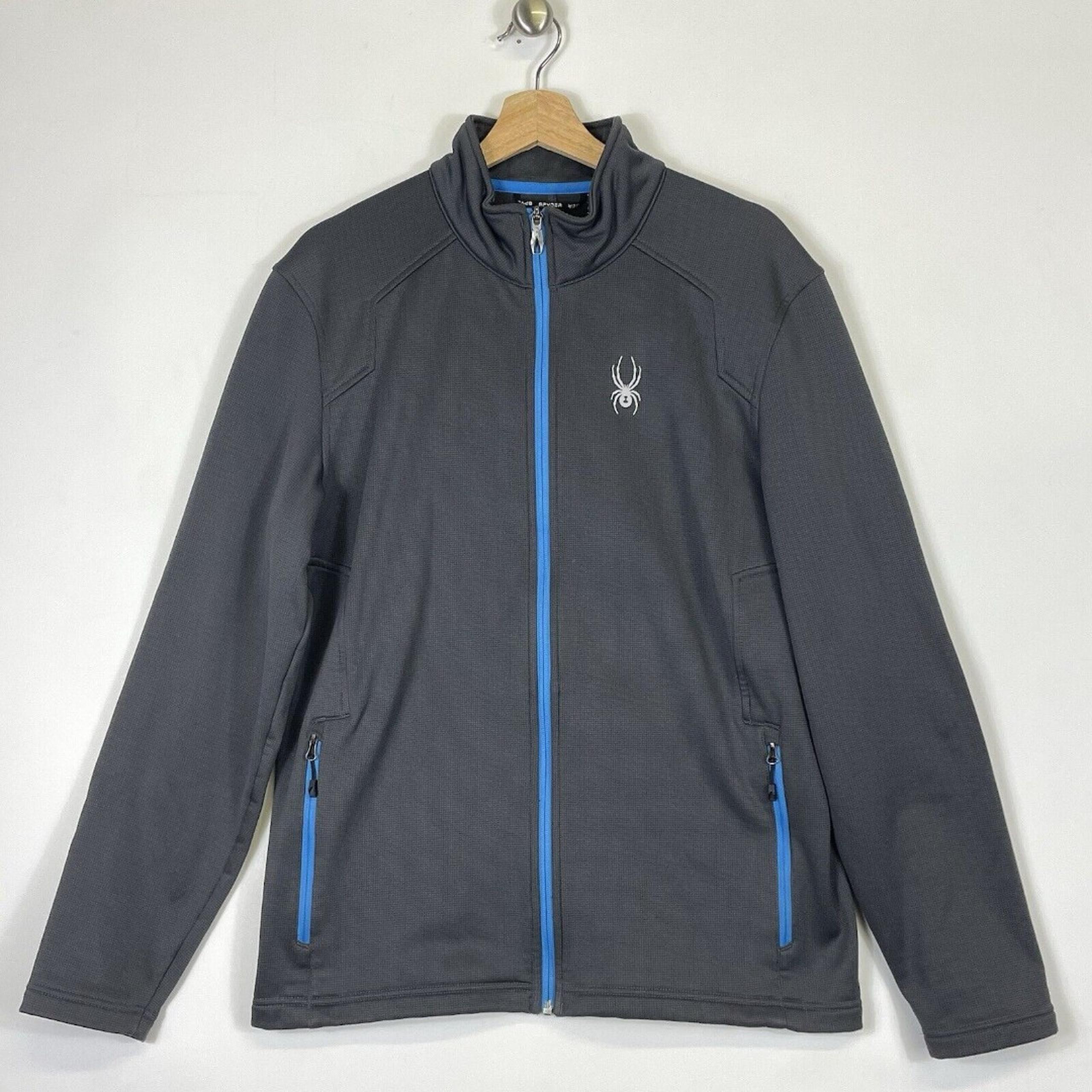Spyder Grey Blue Softshell Microfleece Lined Zip Up Windbreaker Jacket Men Large