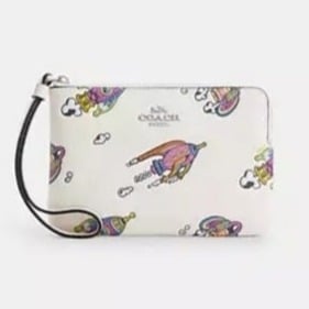 Coach CW864 Cosmic Corner Zip Leather Wristlet With Rocket Print Silver/Chalk
