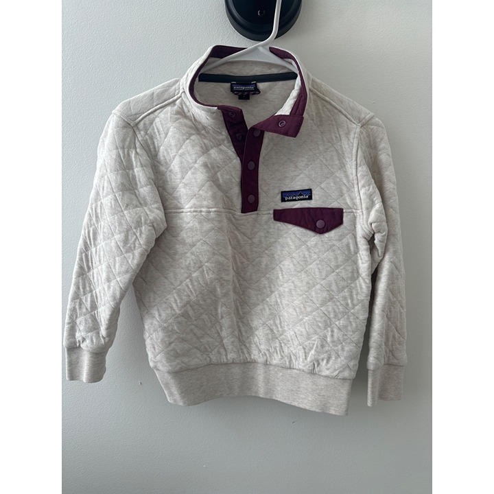 Patagonia Organic Cotton Quilted Snap-T Pullover Sweater Girls S Beige & Maroon