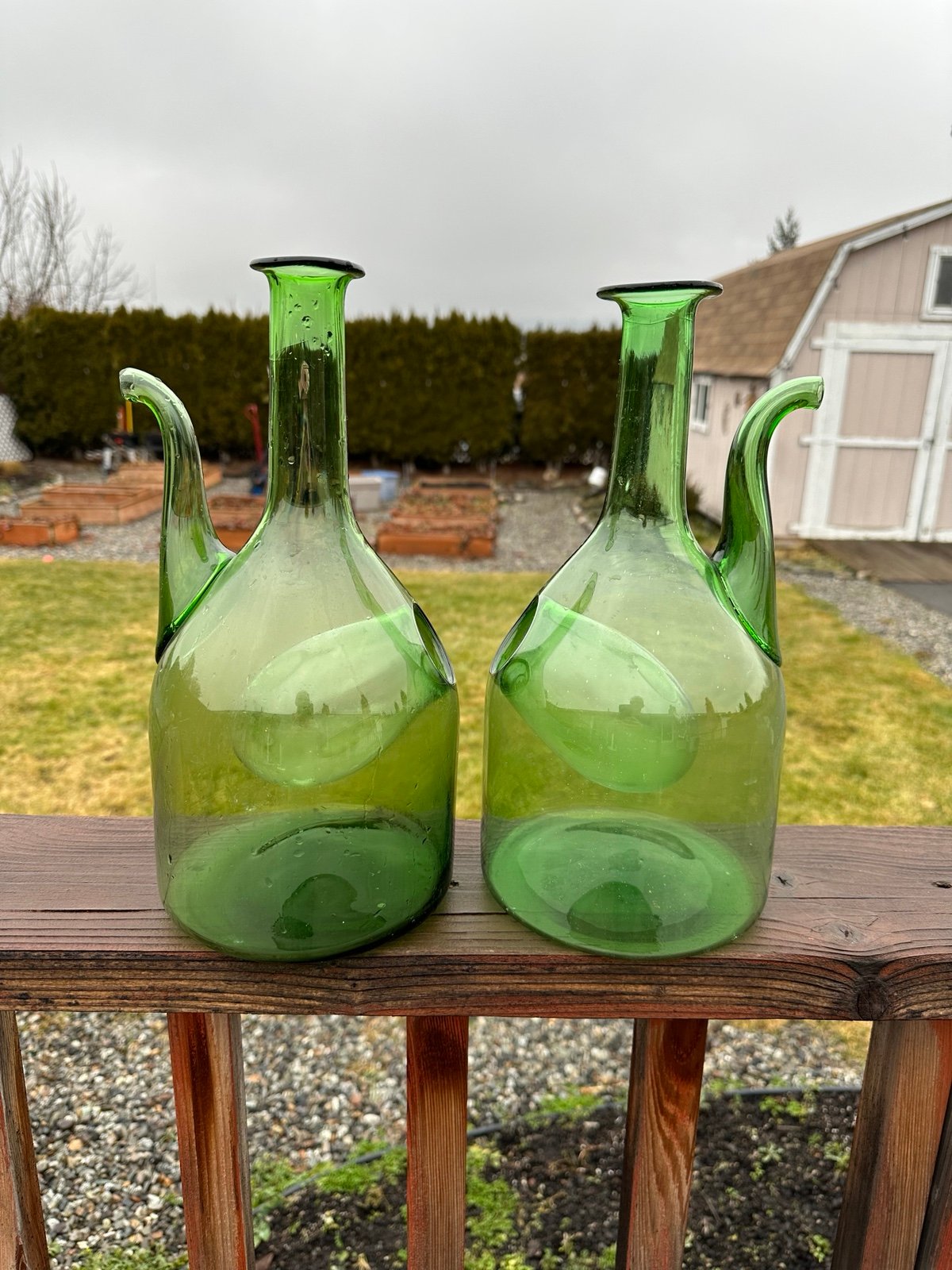 Vintage Italian Wine Decanter Keeper Cooler Green Blown Glass Ice Hole X2