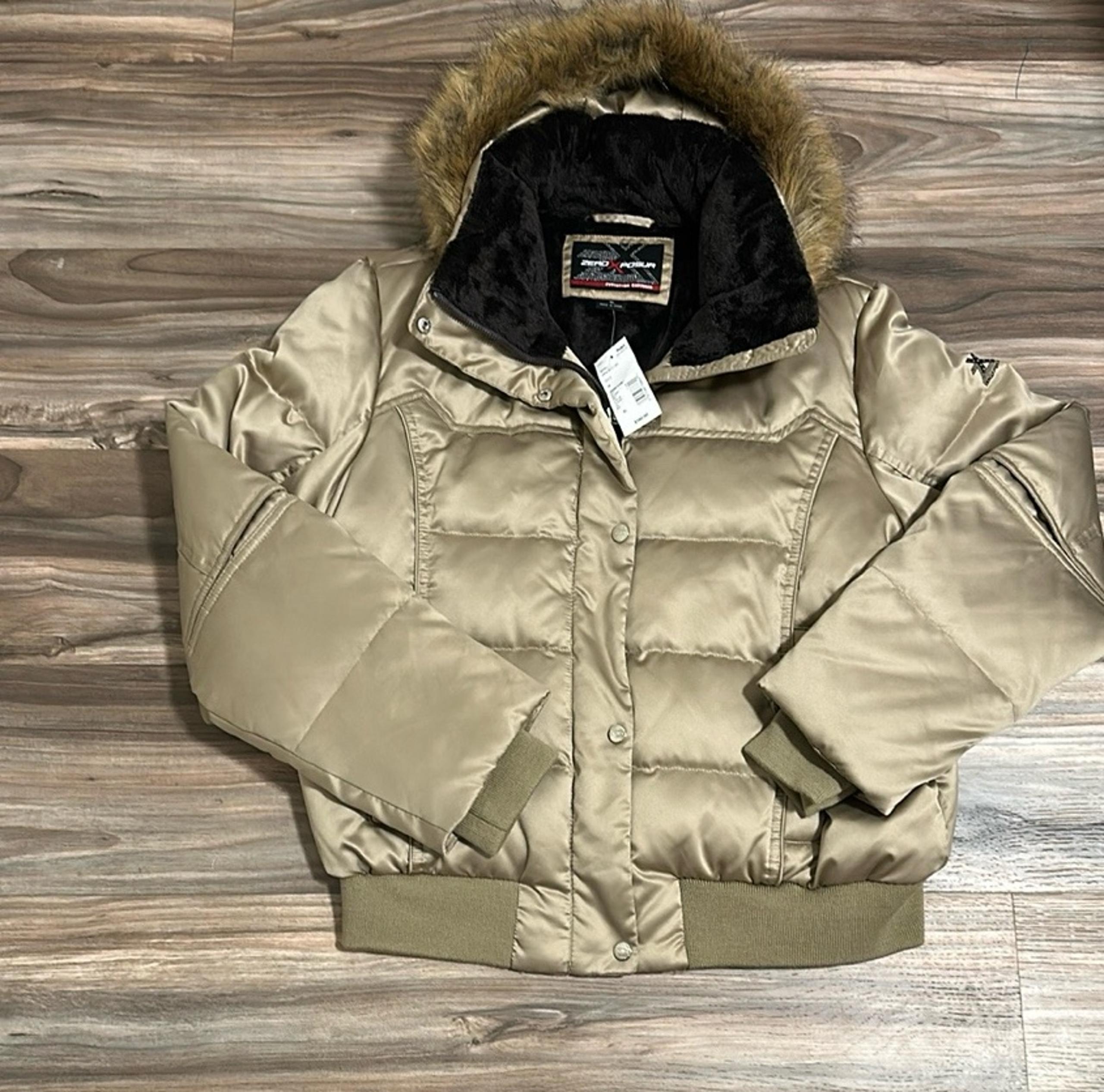 ZeroXposur women’s gold down puffer jacket with removable fur hood size XL NWT