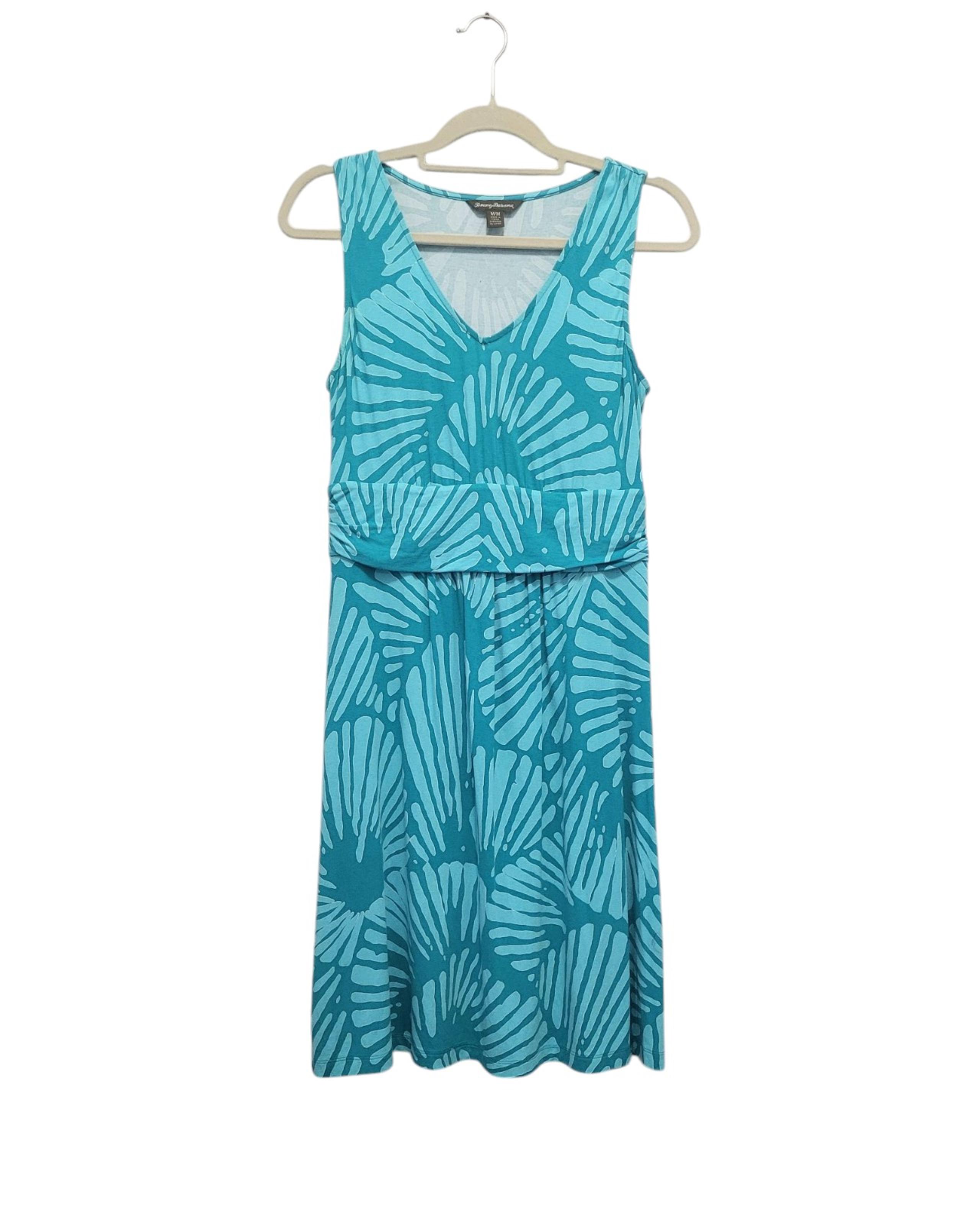 Tommy Bahama Tropical Print Dress Womens M Sleeveless Midi Tank Stretch Aqua