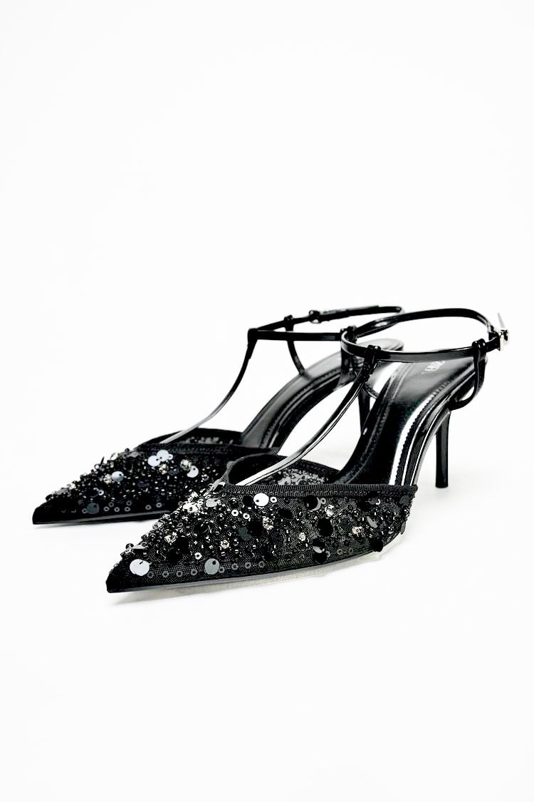 ZARA NWT black Pointed toe beading/RHINESTONE STILETTOS SLINGBACK high heels 8