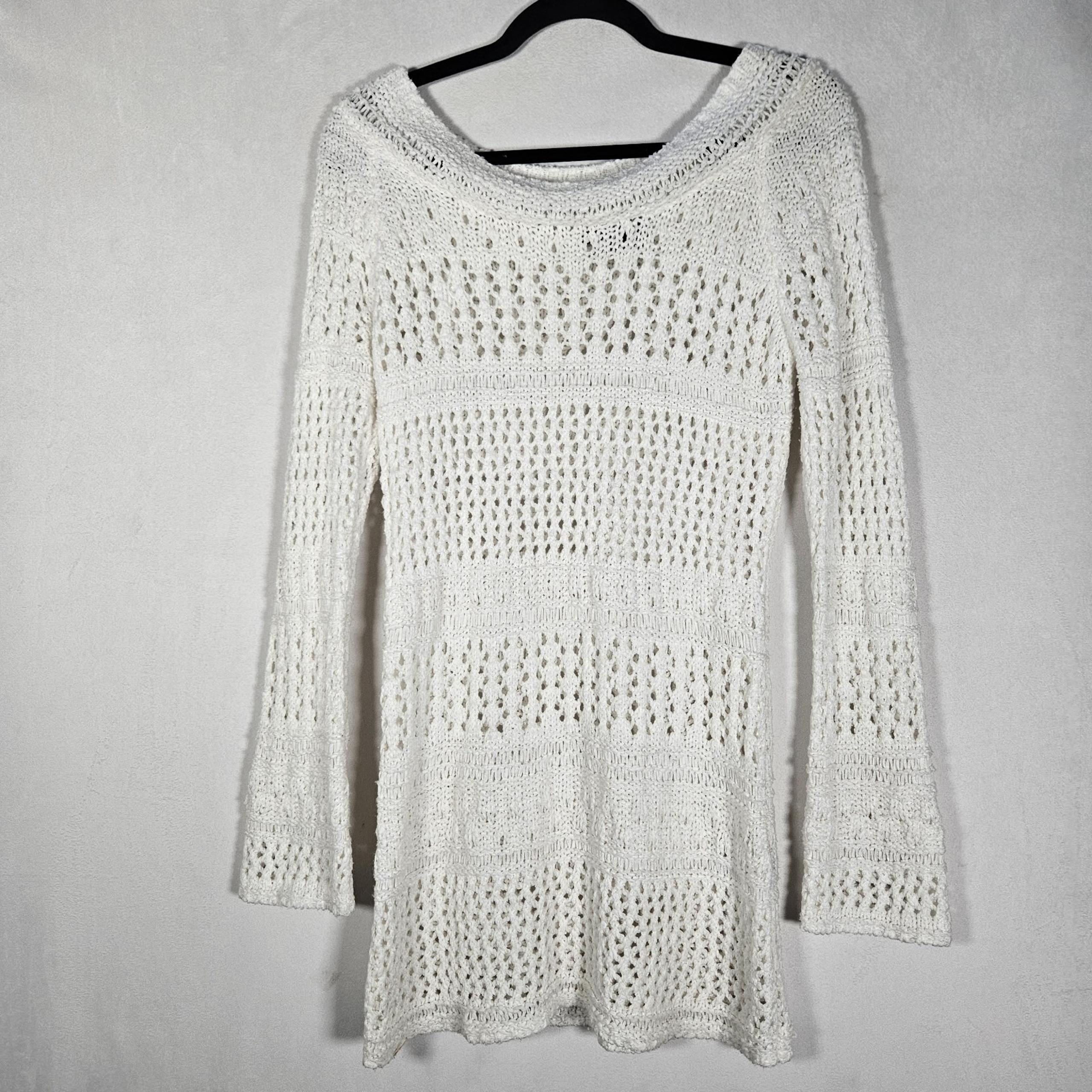 BCBG Maxazria Top Women's M White Open Knit Crochet Boho Hippie Coastal Beachy
