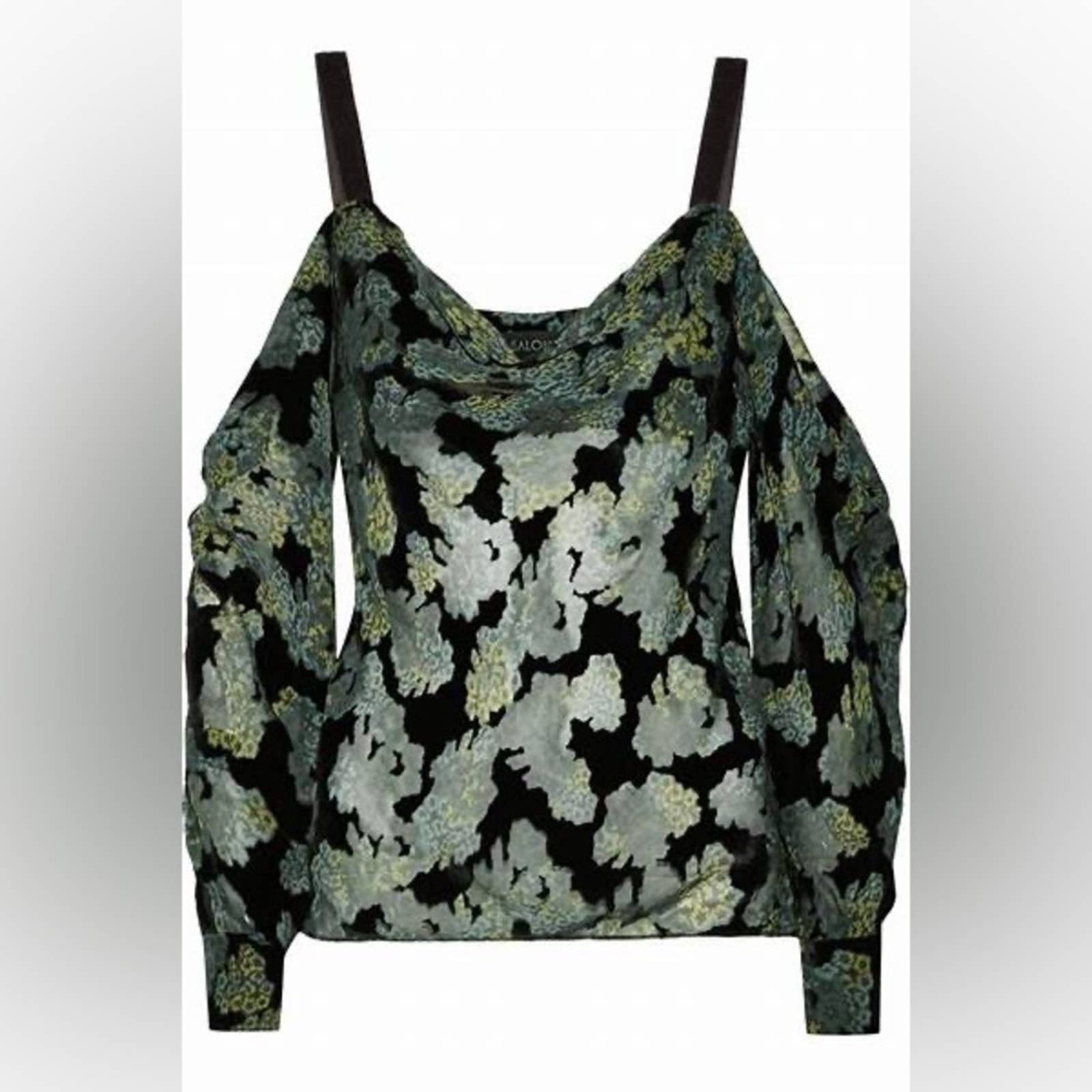 SALONI Green & Black Becky Silk Cold Shoulder Long Sleeve Floral Blouse Size 2